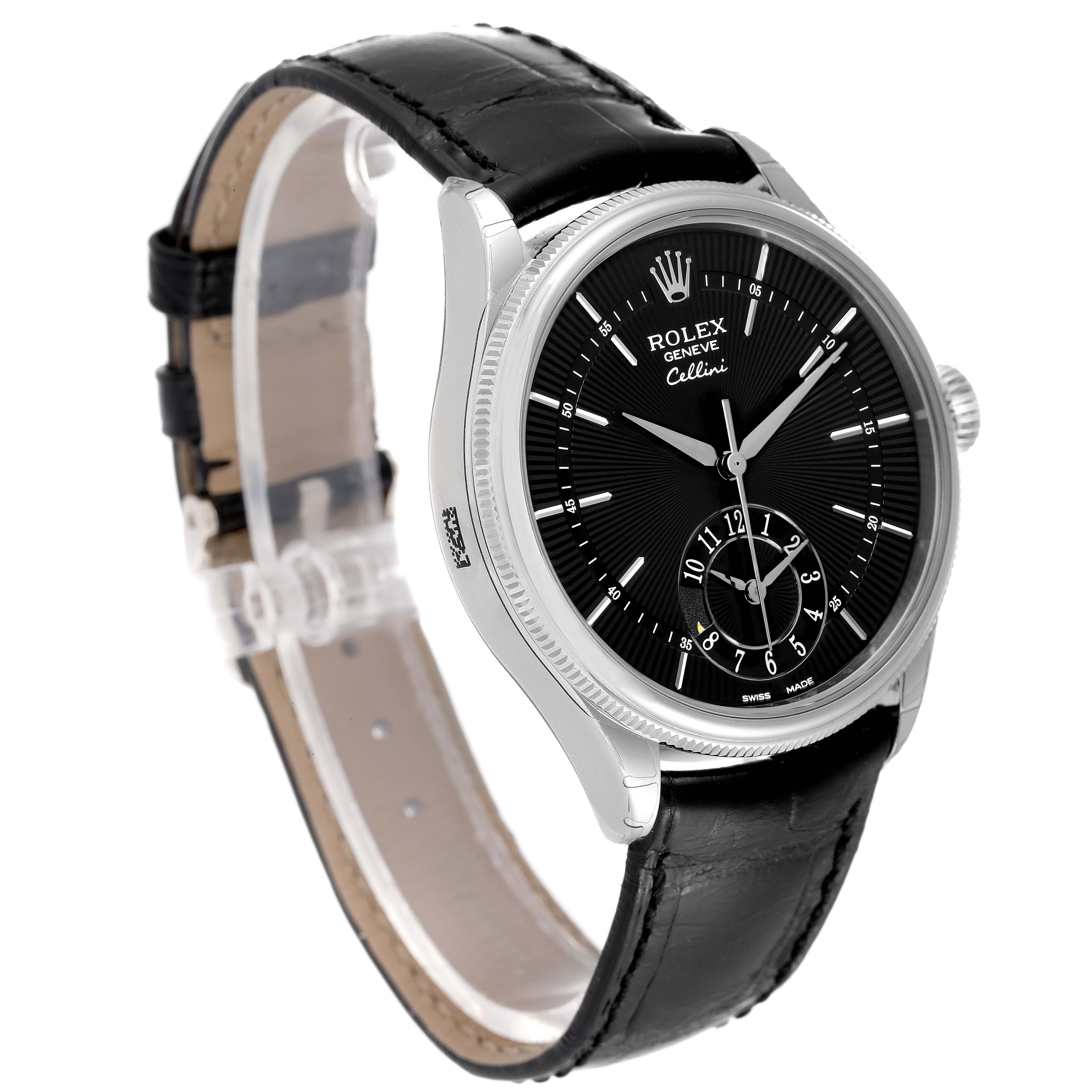 The Rolex Cellini 50529 Men's White Gold Black Dial 50529 Men's White Gold Black Dial watch is shown at a 3/4 angle, displaying the dial, case, and leather strap.