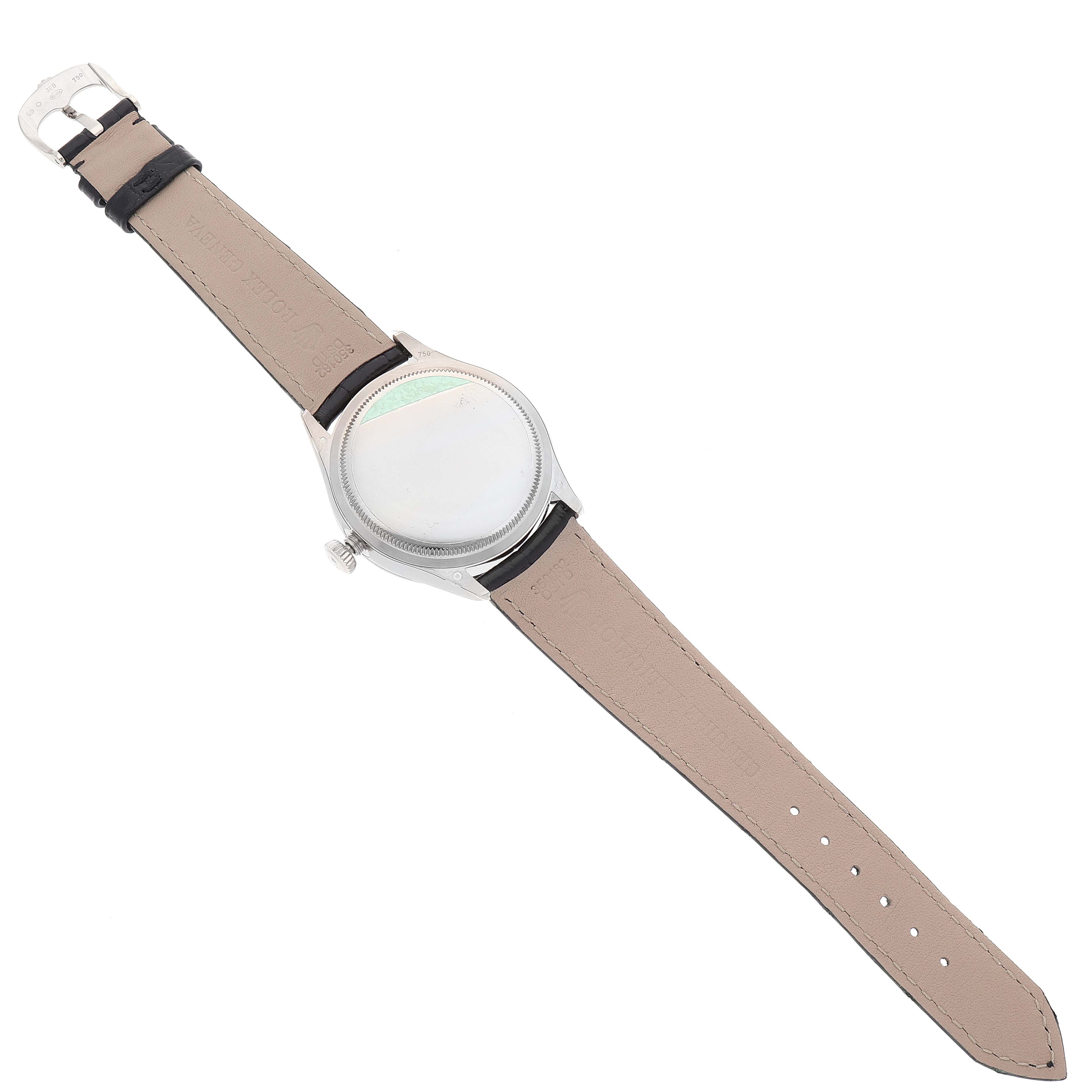 The image shows the back view of a Rolex Cellini 50529 Men's White Gold Black Dial 50529 Men's White Gold Black Dial watch, highlighting the case back, leather strap, and buckle.