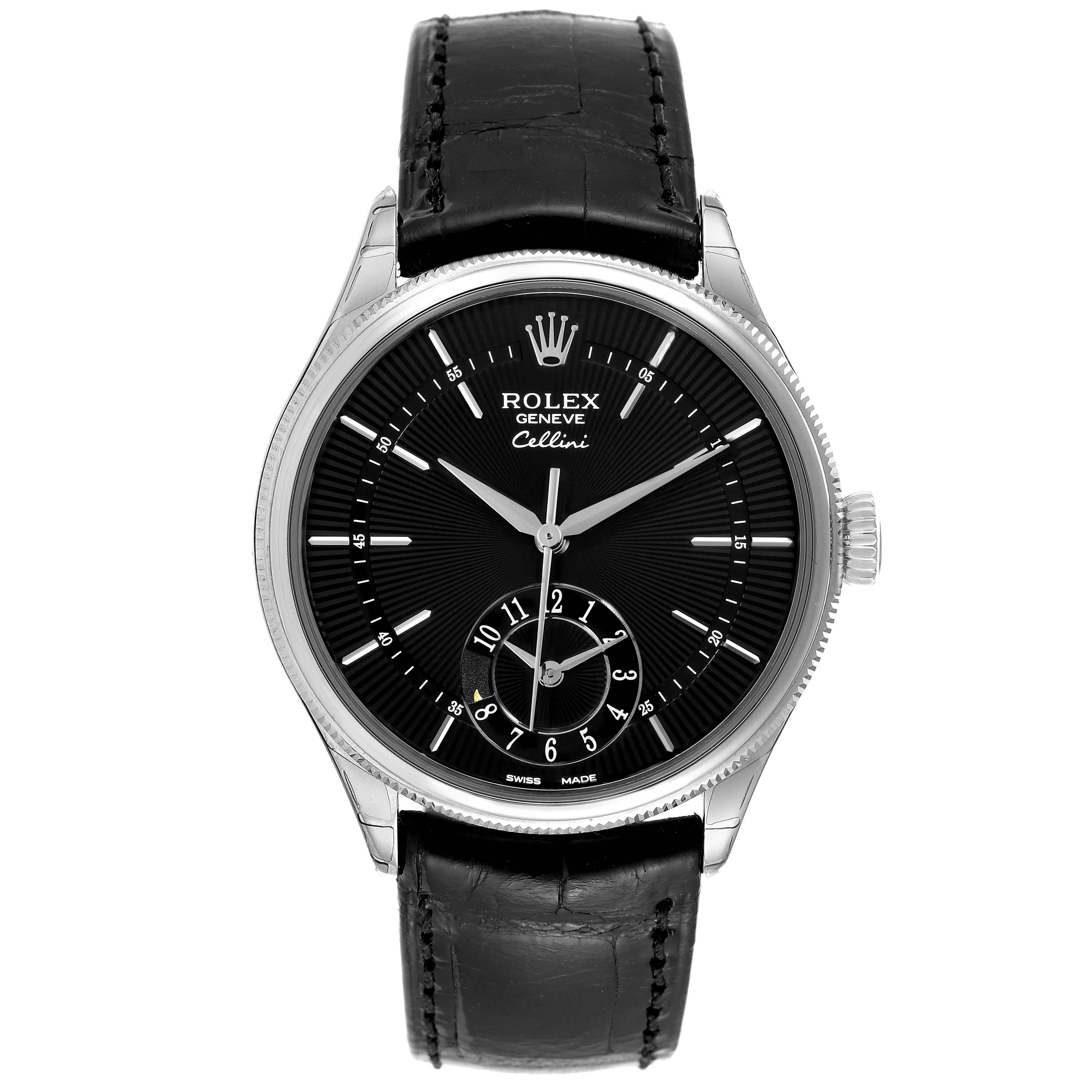 This image shows a front view of a Rolex Cellini 50529 Men's White Gold Black Dial 50529 Men's White Gold Black Dial watch with a black dial and a leather strap.