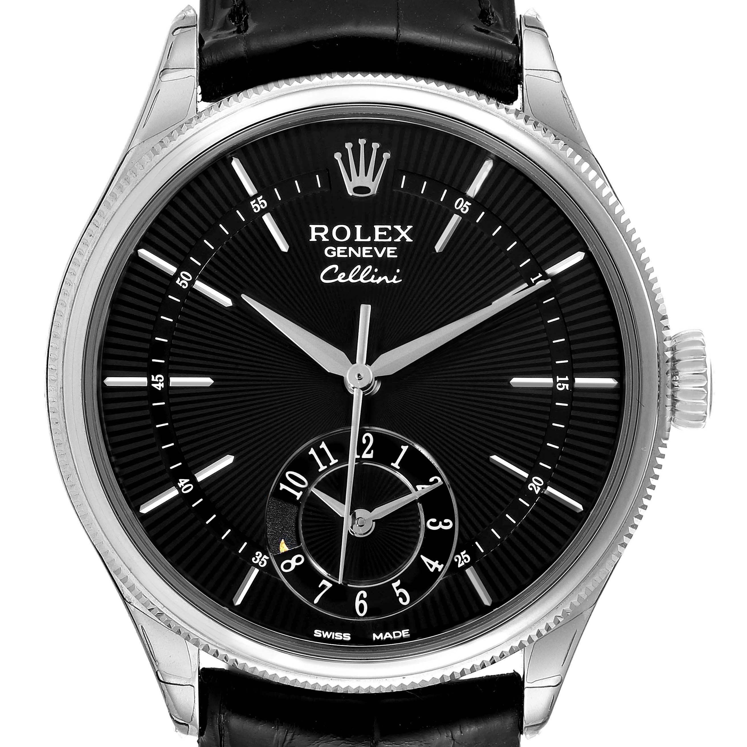 This image shows a front view of the Rolex Cellini 50529 Men's White Gold Black Dial 50529 Men's White Gold Black Dial watch, displaying its black dial, hour markers, hands, and subdial.