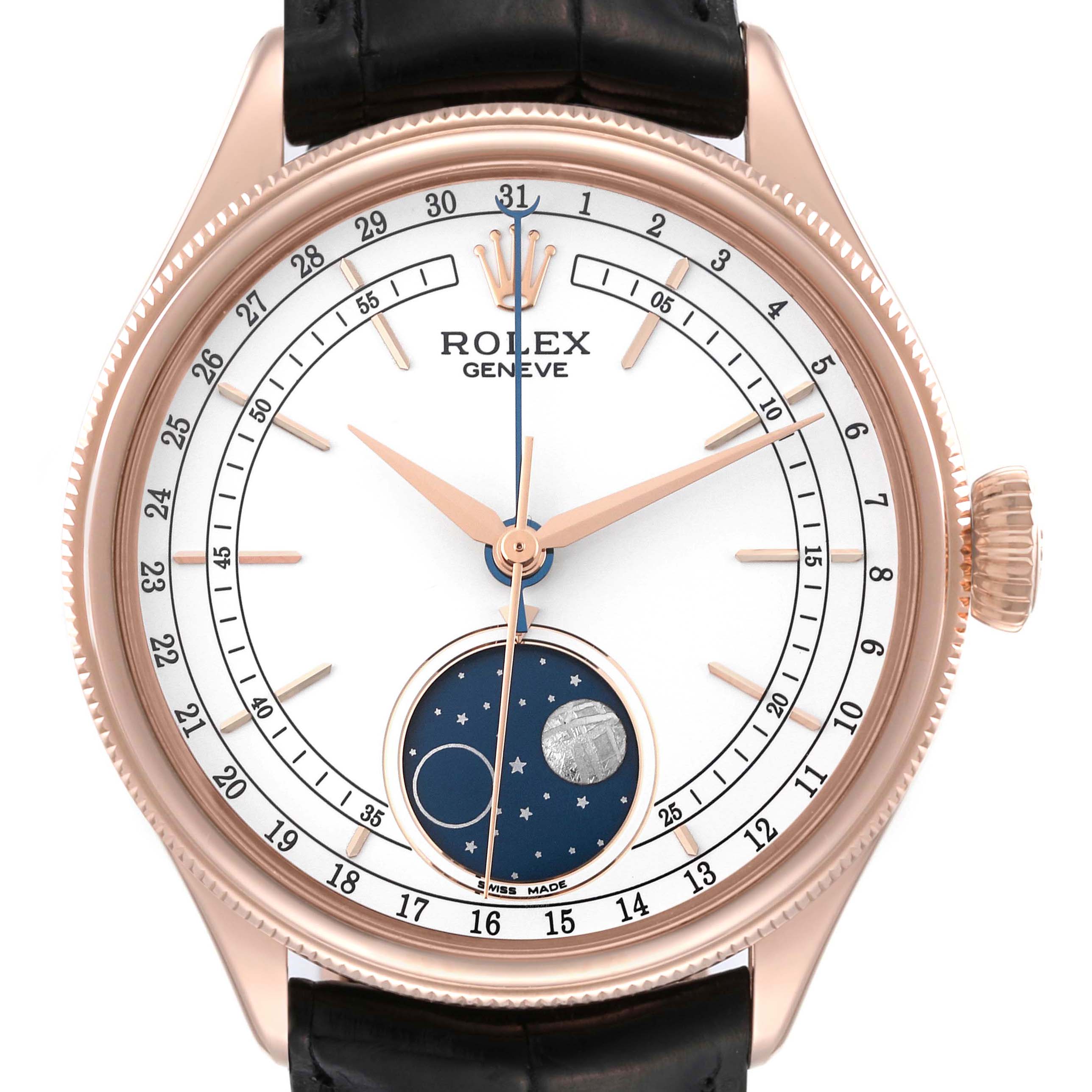 This image shows a frontal view of the Rolex Cellini 50535 Men
s Yellow Gold White Dial 50535 Men
s Yellow Gold White Dial watch, highlighting the dial, hands, and moon phase complication.