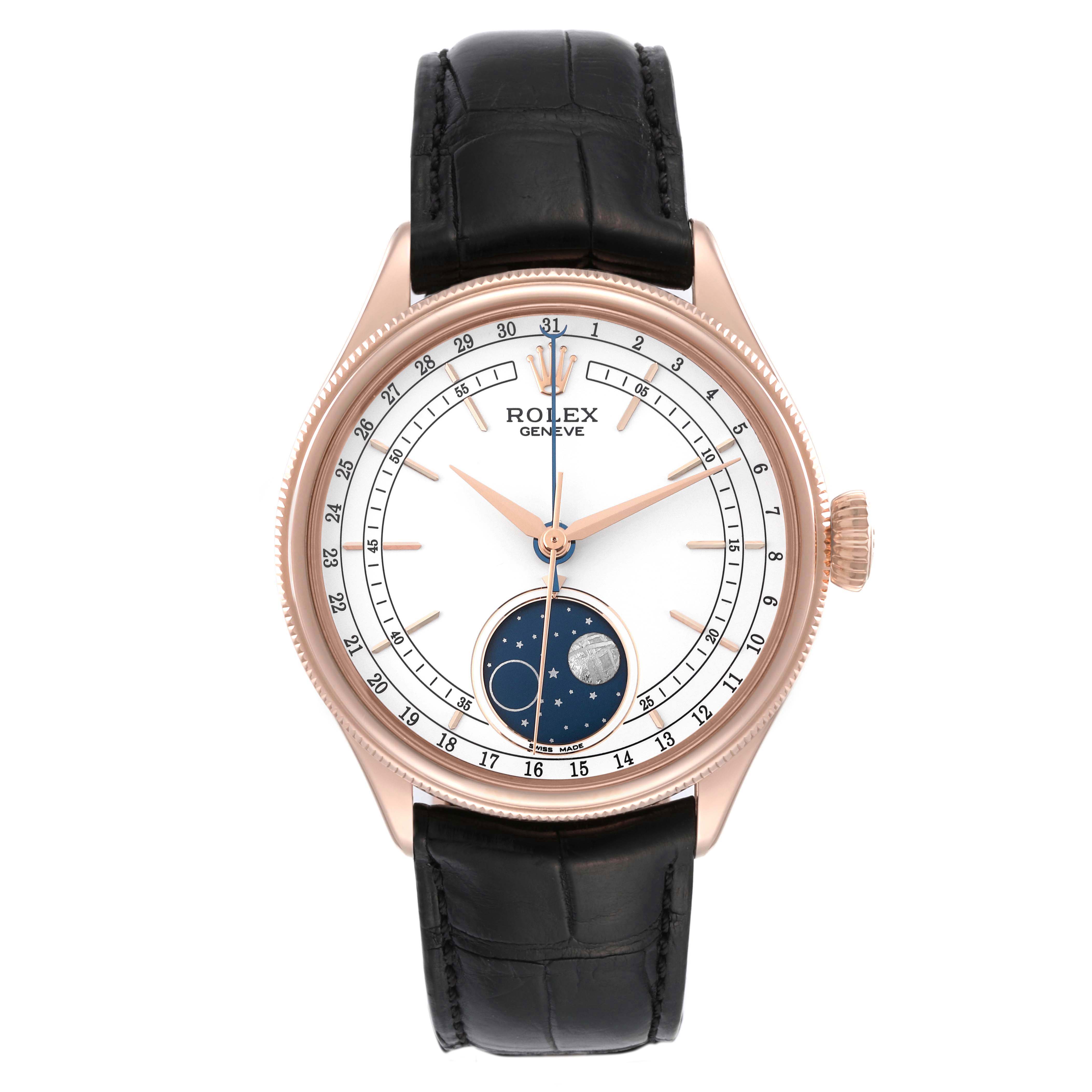 This is a front view of a Rolex Cellini 50535 Men
s Yellow Gold White Dial 50535 Men
s Yellow Gold White Dial watch, showcasing the dial, hands, moon phase indicator, and black leather strap.