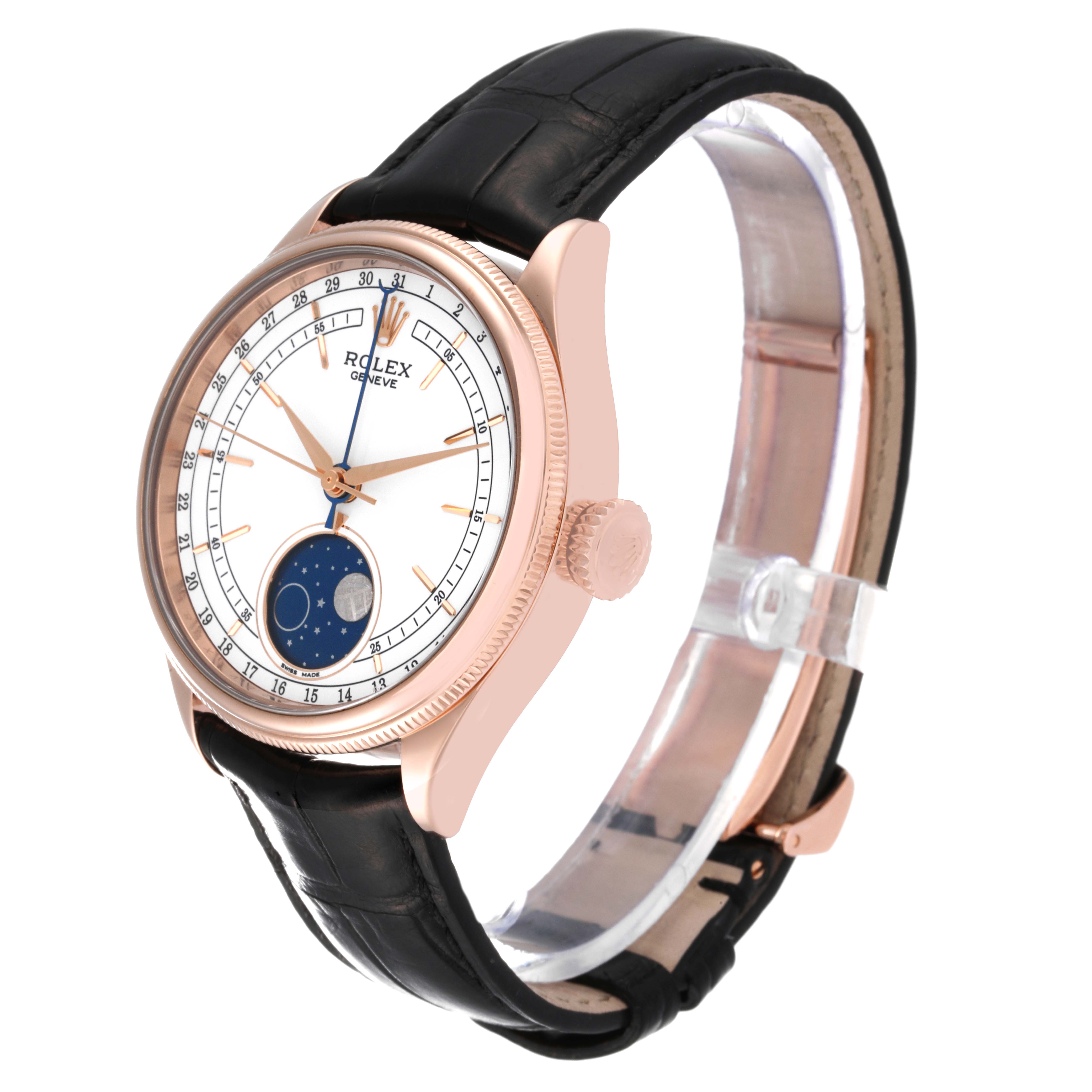 The image shows a Rolex Cellini 50535 Men
s Yellow Gold White Dial 50535 Men
s Yellow Gold White Dial watch from a side angle, featuring its dial, case, crown, and leather strap.