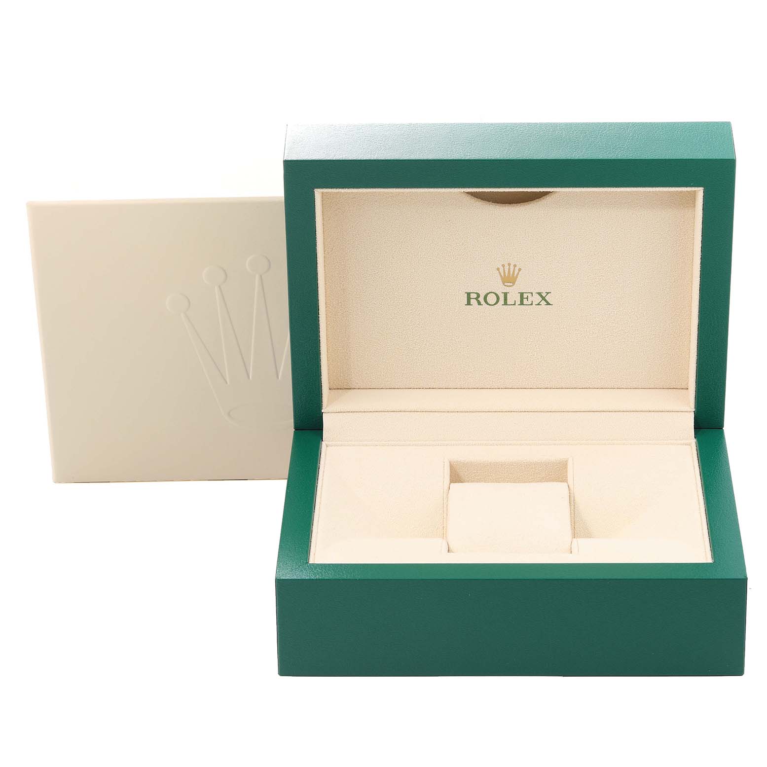 The image shows an open Rolex Cellini 50535 Men
s Yellow Gold White Dial 50535 Men
s Yellow Gold White Dial watch box with a padded interior and an outer protective cover.