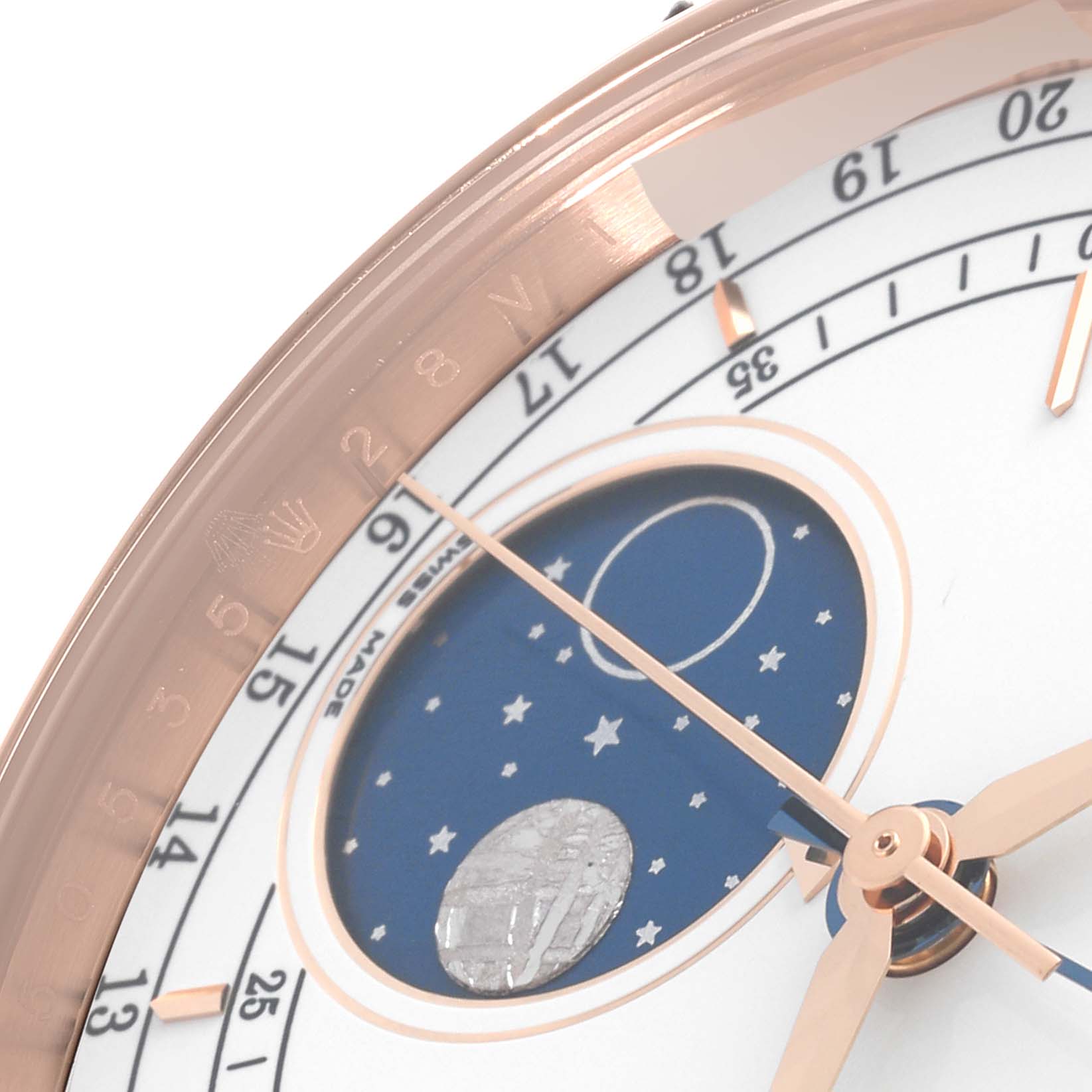 This close-up angle of the Rolex Cellini 50535 Men
s Yellow Gold White Dial 50535 Men
s Yellow Gold White Dial model showcases the moonphase complication and part of the dial.