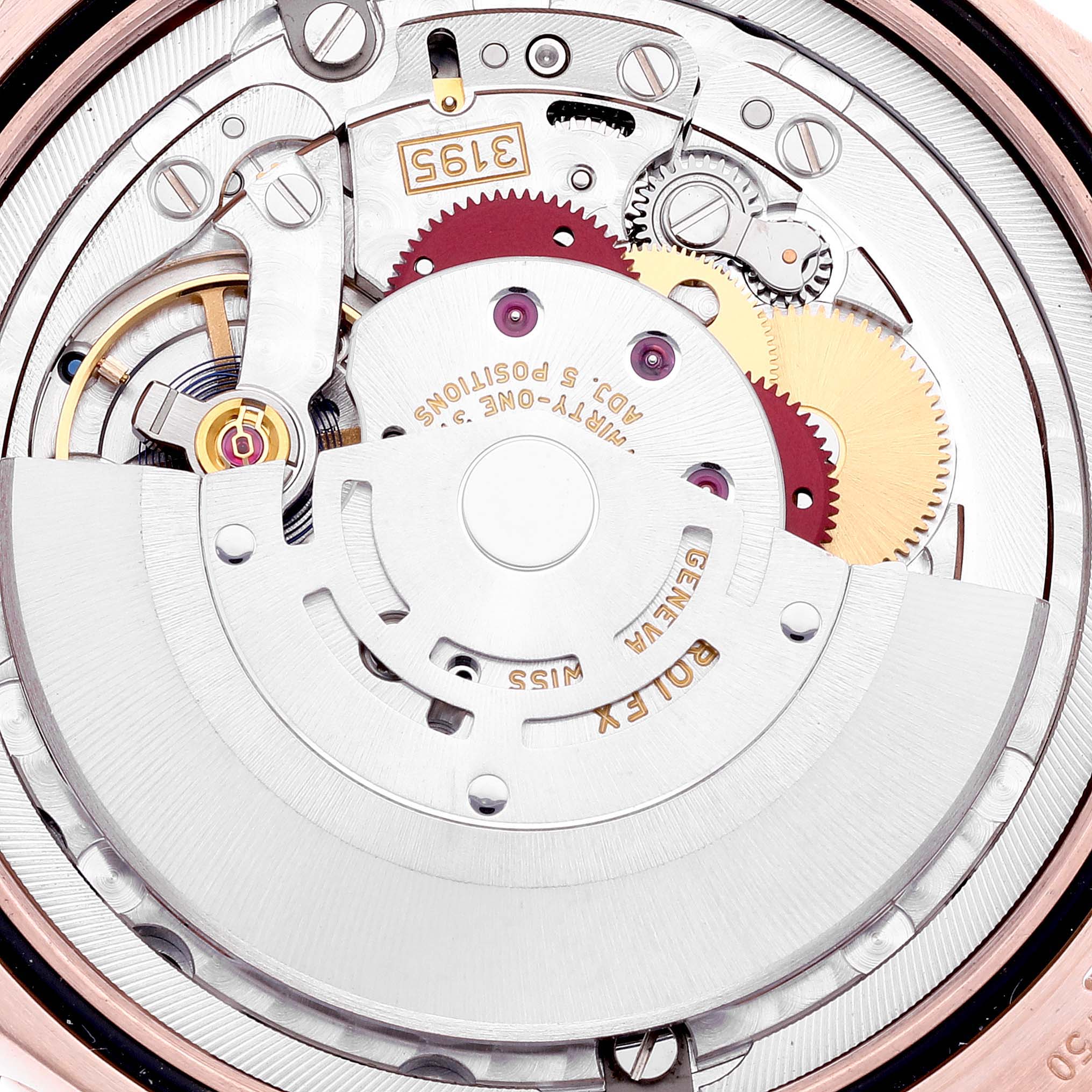 This image shows a close-up of the Rolex Cellini 50535 Men
s Yellow Gold White Dial 50535 Men
s Yellow Gold White Dial model watch movement, highlighting intricate gears and mechanisms.