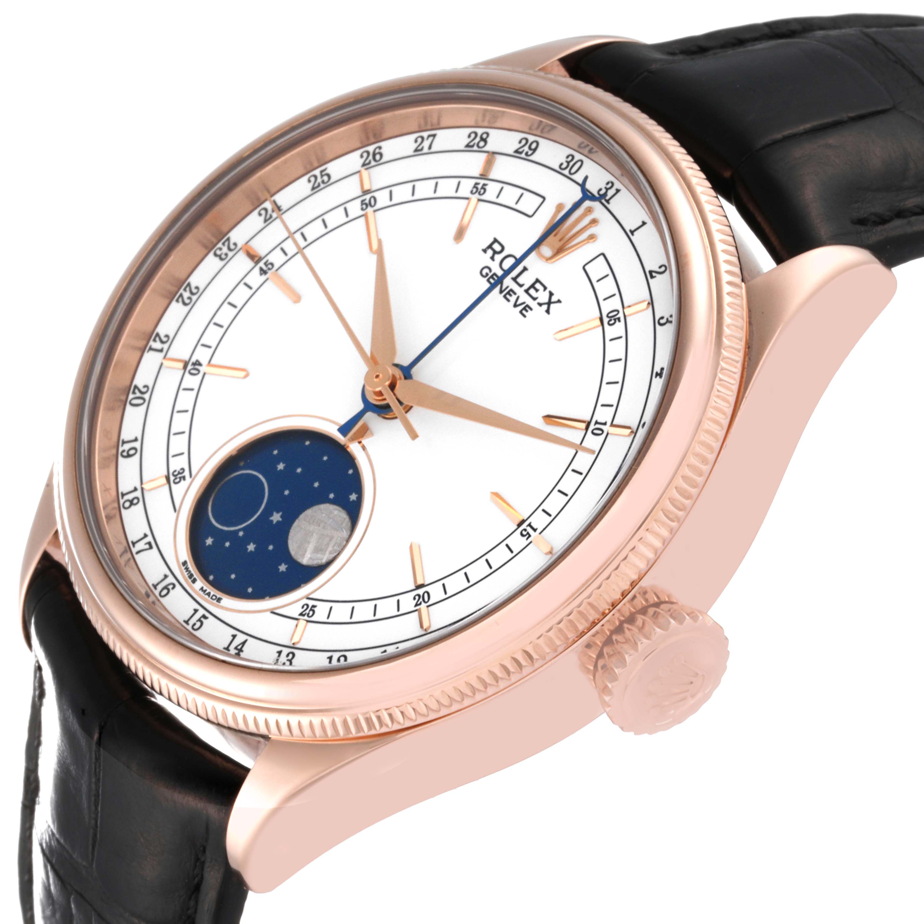 The image shows a Rolex Cellini 50535 Men
s Yellow Gold White Dial 50535 Men
s Yellow Gold White Dial watch from an angled view, highlighting the dial, hour markers, moon phase indicator, and leather strap.