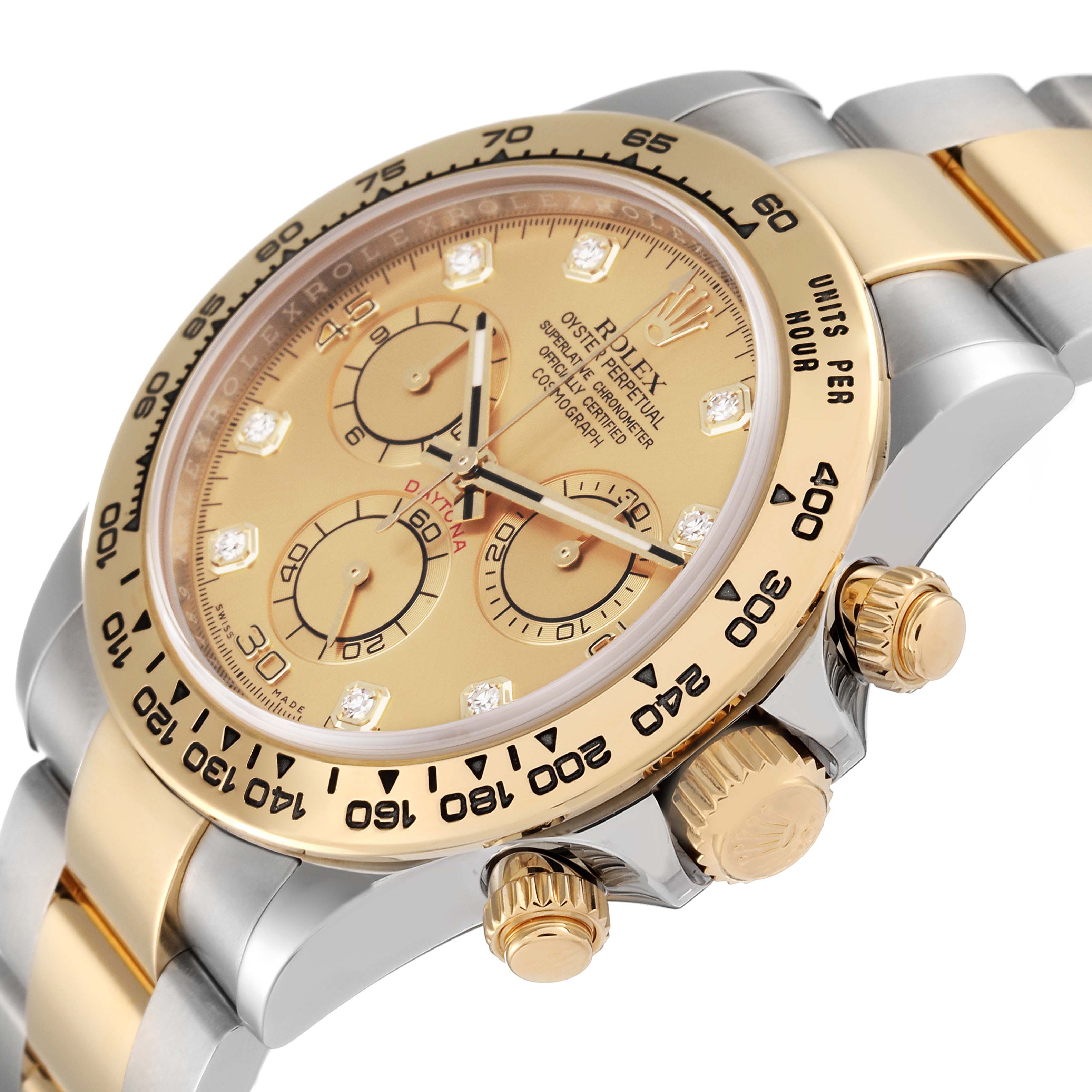 The image shows a close-up of a Rolex Daytona 116503 Men's Steel and Gold (two tone) Champagne Dial 116503 Men's Steel and Gold (two tone) Champagne Dial watch, focusing on the dial, bezel, crown, and chronograph pushers at an oblique angle.