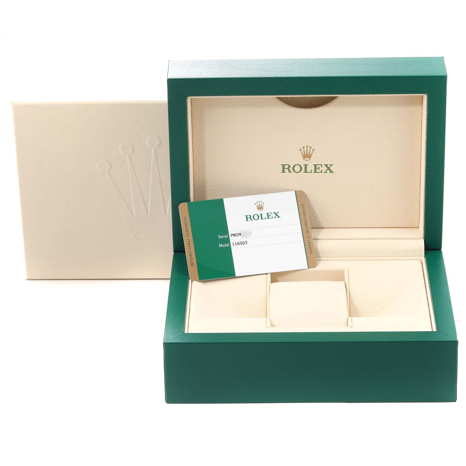 The image shows a green and beige Rolex Daytona 116503 Men's Steel and Gold (two tone) Champagne Dial 116503 Men's Steel and Gold (two tone) Champagne Dial watch box and certification card.