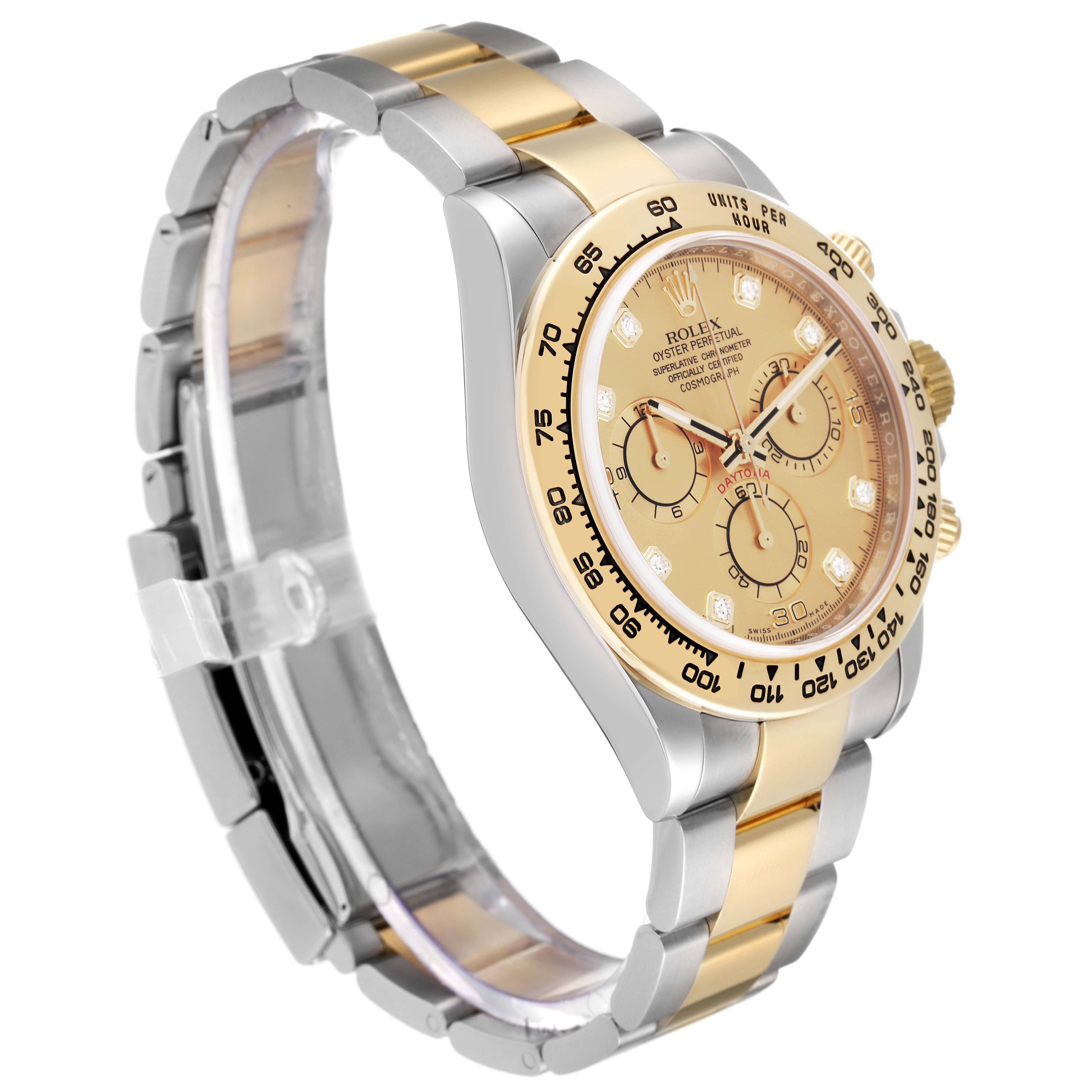 The Rolex Daytona 116503 Men's Steel and Gold (two tone) Champagne Dial 116503 Men's Steel and Gold (two tone) Champagne Dial watch is shown at an angle displaying the face, bezel, and bracelet with a two-tone design.