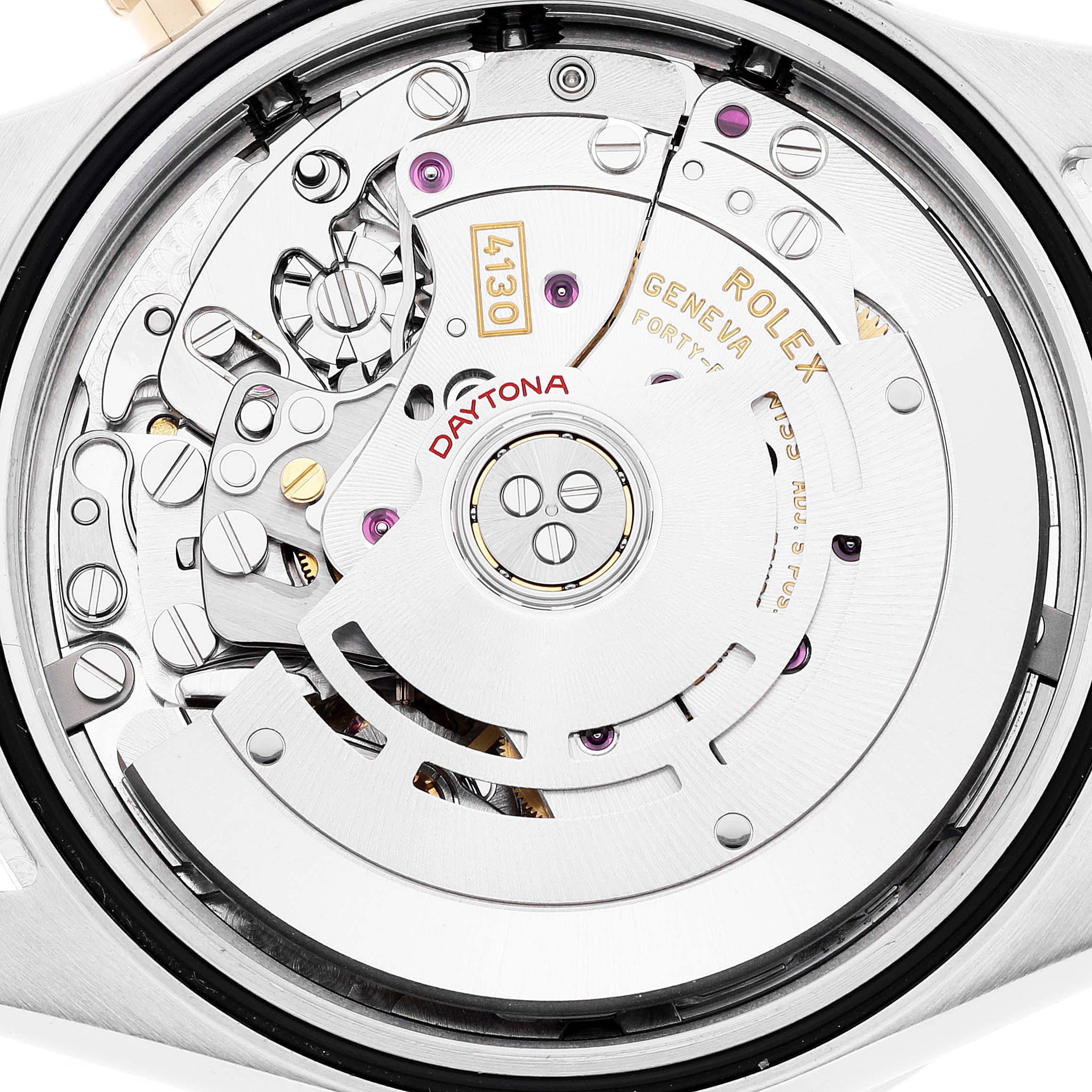This image shows the internal mechanical movement of a Rolex Daytona 116503 Men's Steel and Gold (two tone) Champagne Dial 116503 Men's Steel and Gold (two tone) Champagne Dial watch viewed from the back.