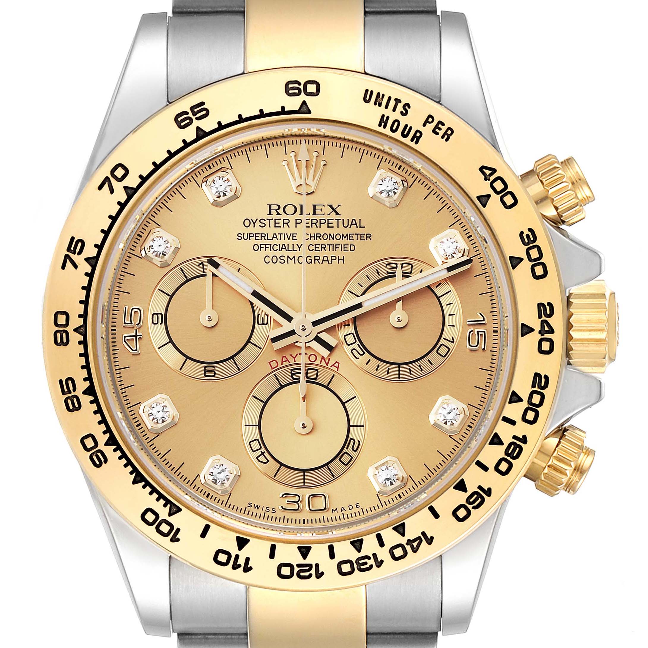 This image shows a front angle of the Rolex Daytona 116503 Men's Steel and Gold (two tone) Champagne Dial 116503 Men's Steel and Gold (two tone) Champagne Dial watch, highlighting its gold and silver design, chronograph dials, and tachymeter bezel.