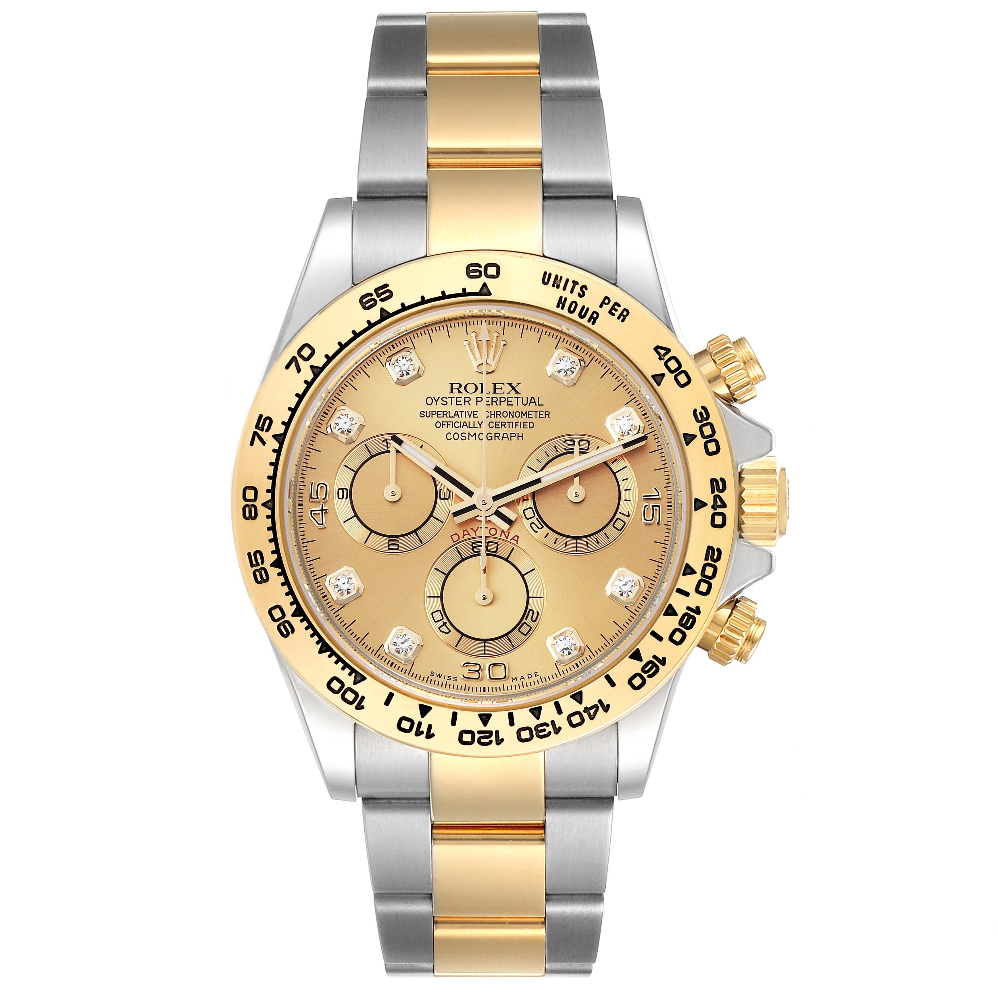 This image shows a front view of a Rolex Daytona 116503 Men's Steel and Gold (two tone) Champagne Dial 116503 Men's Steel and Gold (two tone) Champagne Dial watch, highlighting its gold and silver bracelet, bezel, and dial.
