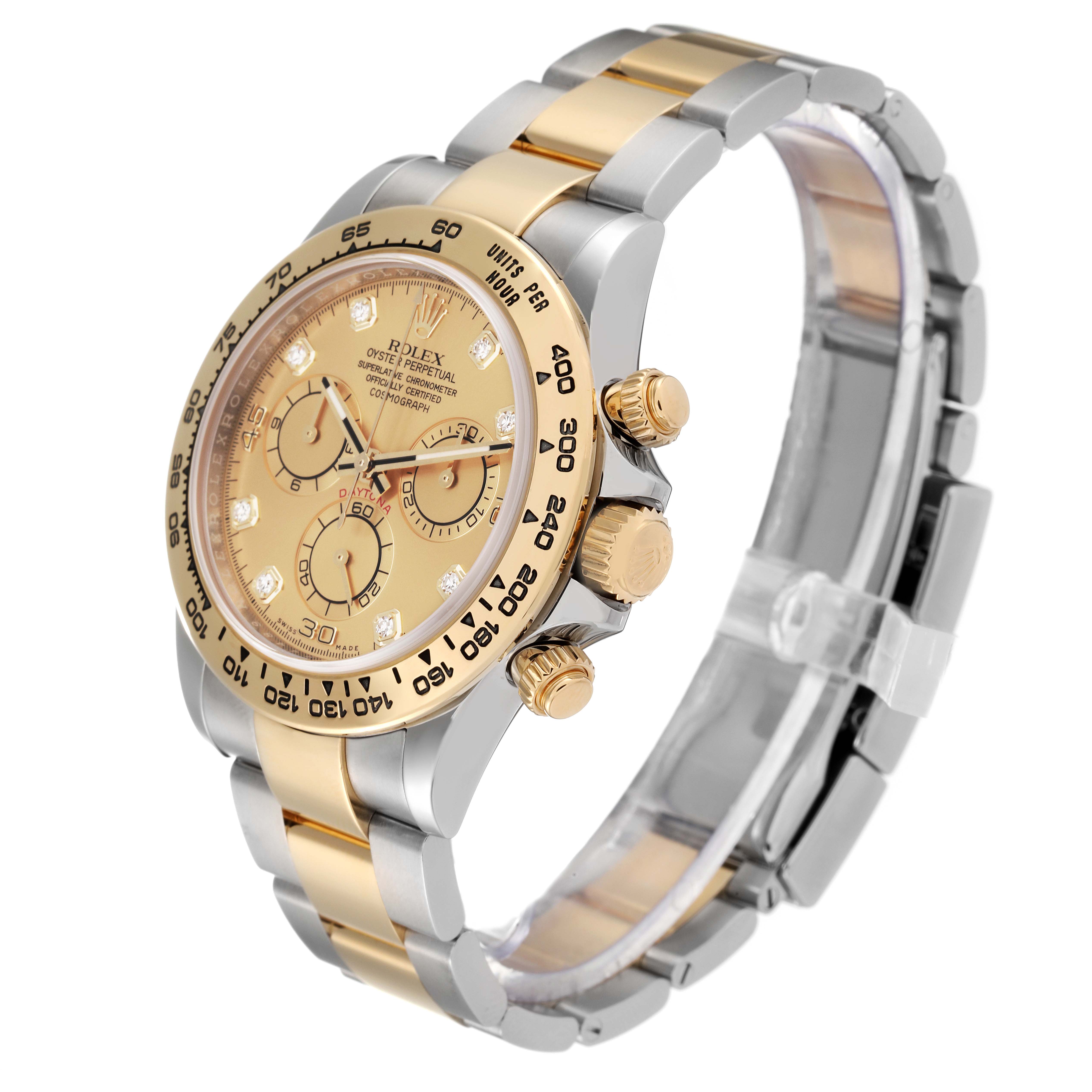The image shows a Rolex Daytona 116503 Men's Steel and Gold (two tone) Champagne Dial 116503 Men's Steel and Gold (two tone) Champagne Dial watch angled to display its face, bezel, and bracelet.
