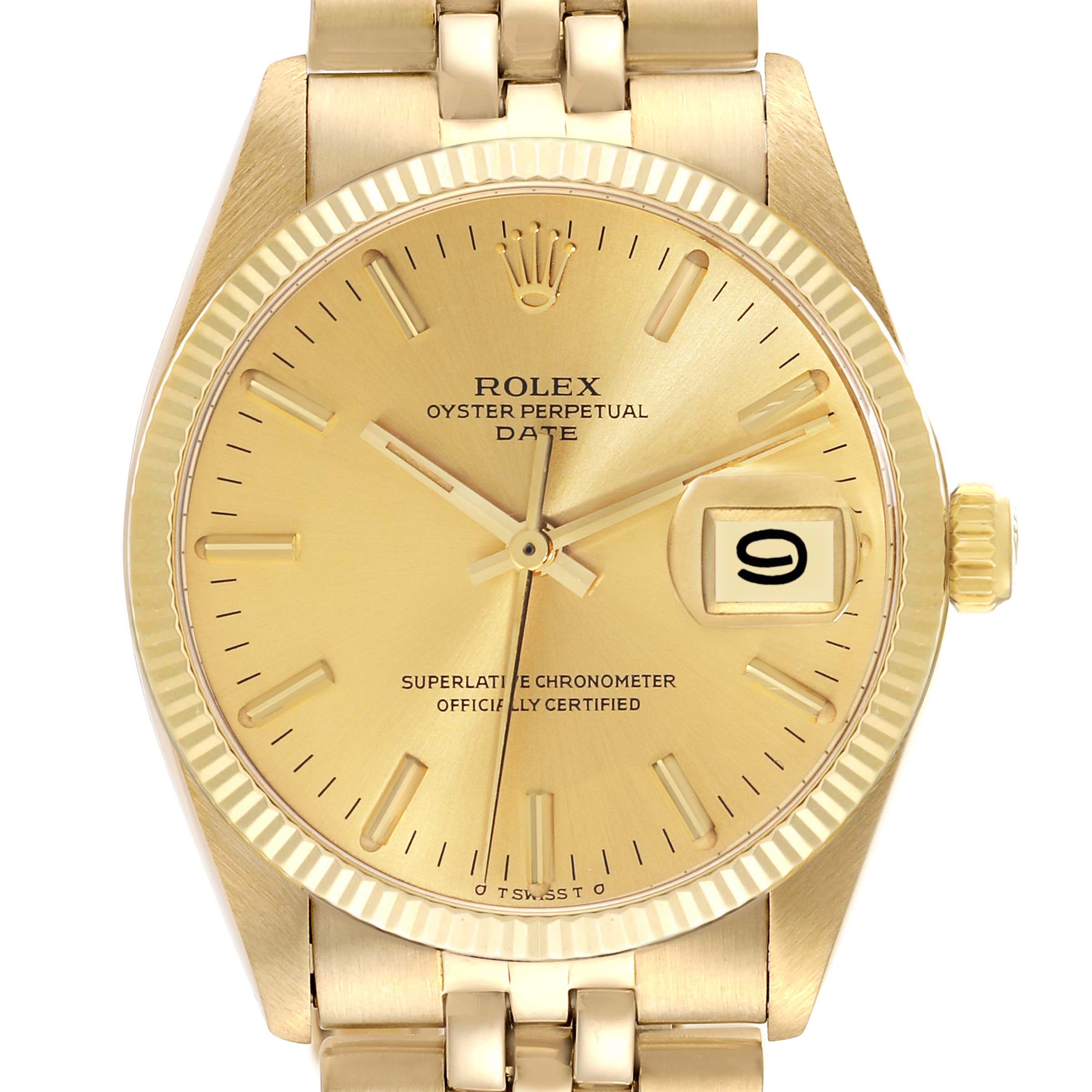 The image shows a frontal view of the Rolex Vintage Collection 1503 Men's Yellow Gold Champagne Dial 1503 Men's Yellow Gold Champagne Dial Oyster Perpetual Date watch with a gold dial and fluted bezel.