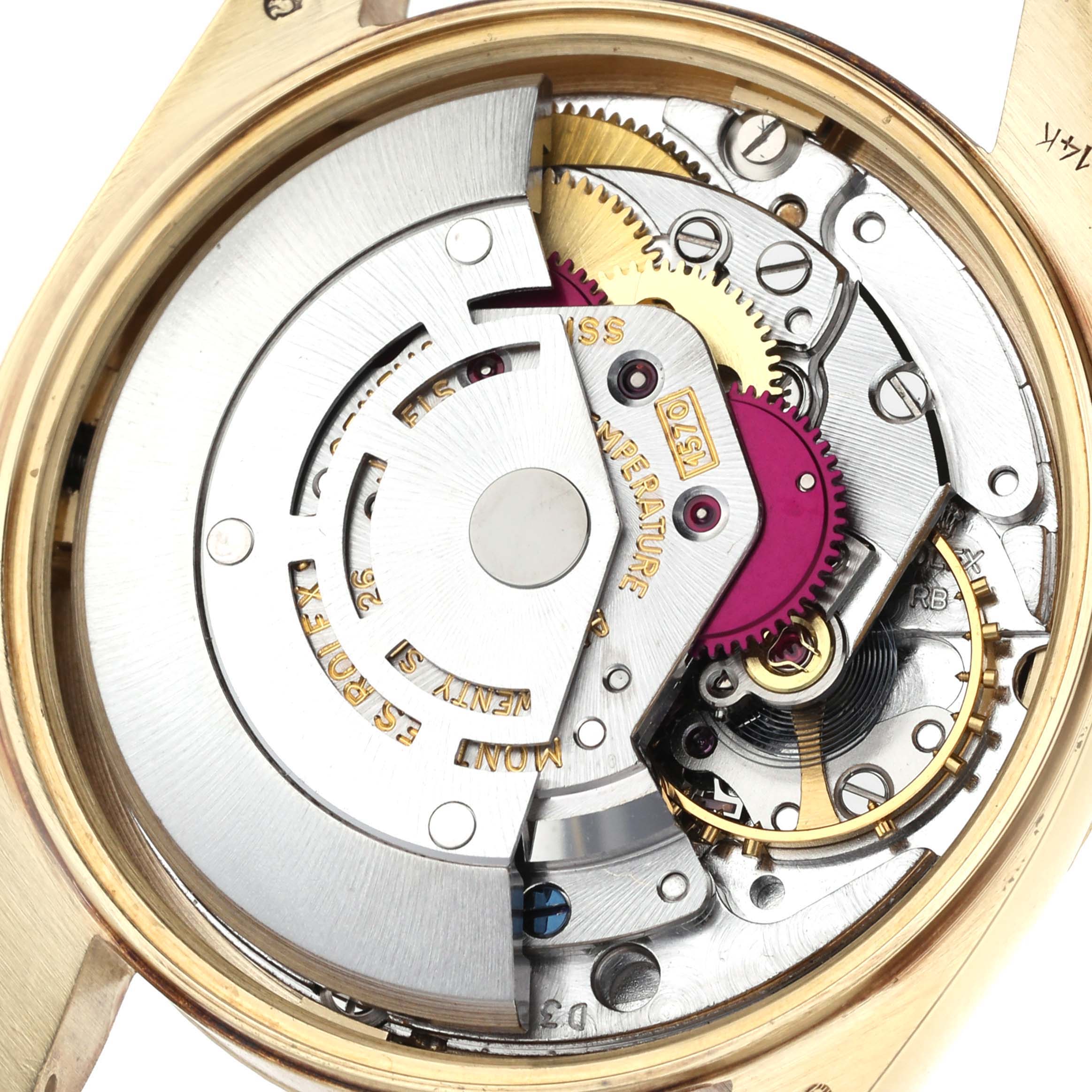The image shows the intricate inner mechanics of a Rolex Vintage Collection 1503 Men's Yellow Gold Champagne Dial 1503 Men's Yellow Gold Champagne Dial model watch from a close-up angle.