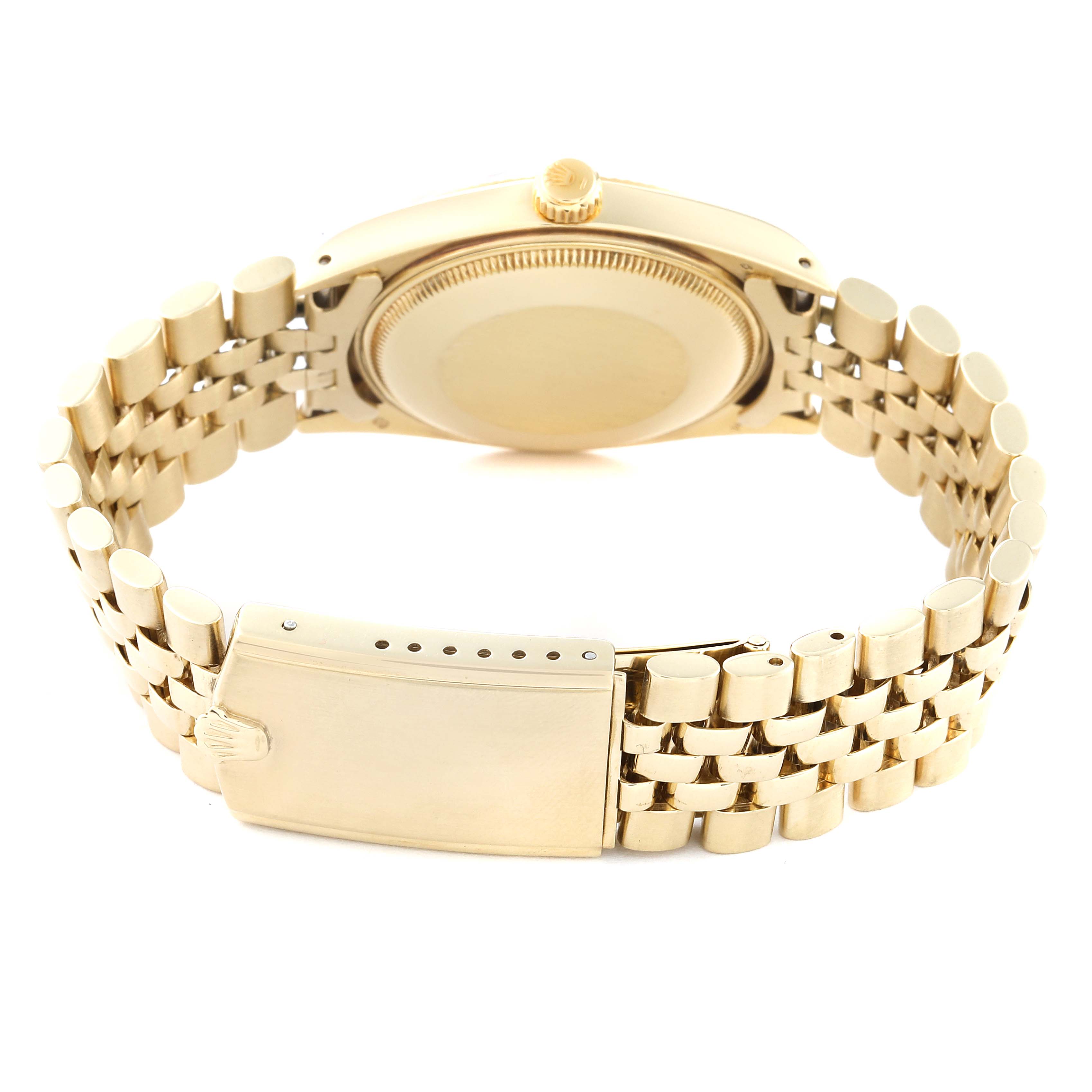 The image shows the back view of a Rolex Vintage Collection 1503 Men's Yellow Gold Champagne Dial 1503 Men's Yellow Gold Champagne Dial watch, specifically highlighting its clasp, case back, and bracelet.