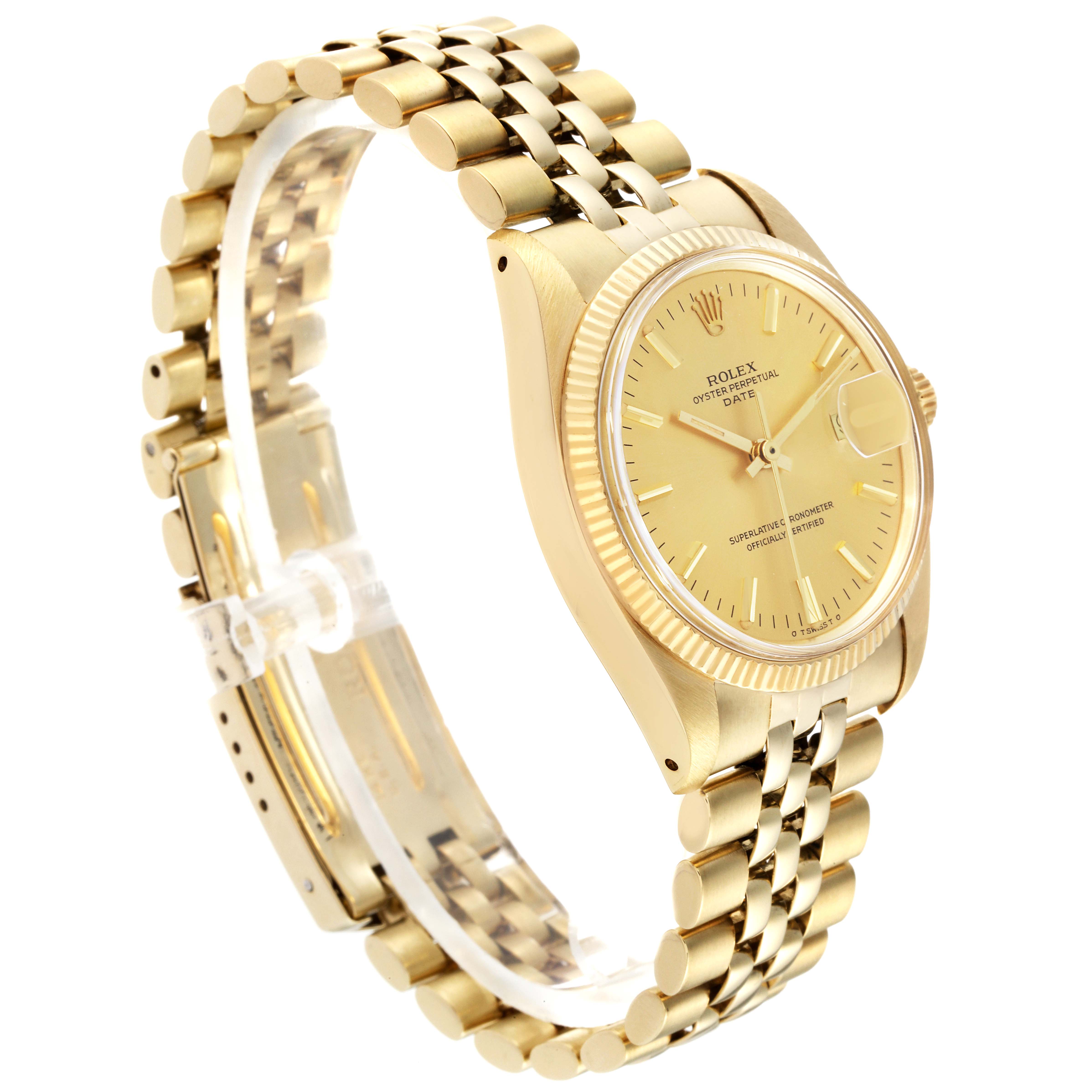 The Rolex Vintage Collection 1503 Men's Yellow Gold Champagne Dial 1503 Men's Yellow Gold Champagne Dial model watch is shown at a side angle, highlighting the dial, bezel, and bracelet.