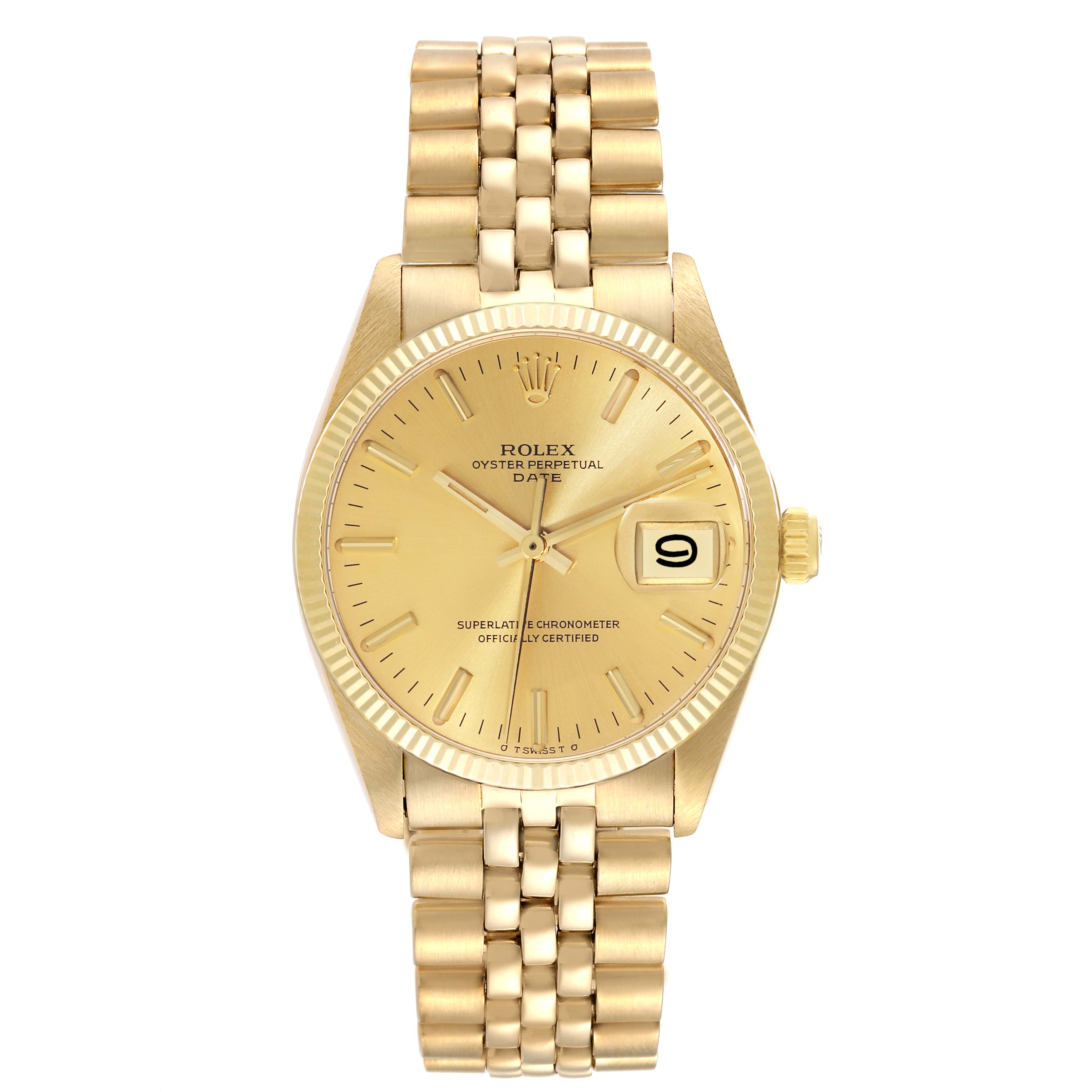 This is a front view of the Rolex Vintage Collection 1503 Men's Yellow Gold Champagne Dial 1503 Men's Yellow Gold Champagne Dial model, showing the face, bracelet, and date indicator.