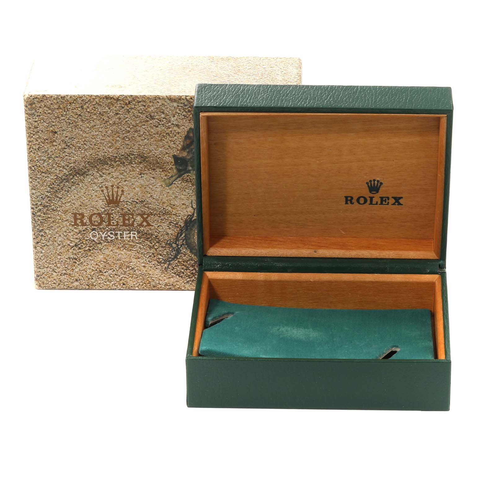 The image shows an open Rolex Vintage Collection 1503 Men's Yellow Gold Champagne Dial 1503 Men's Yellow Gold Champagne Dial watch box with a green and wooden interior, next to the matching exterior box.