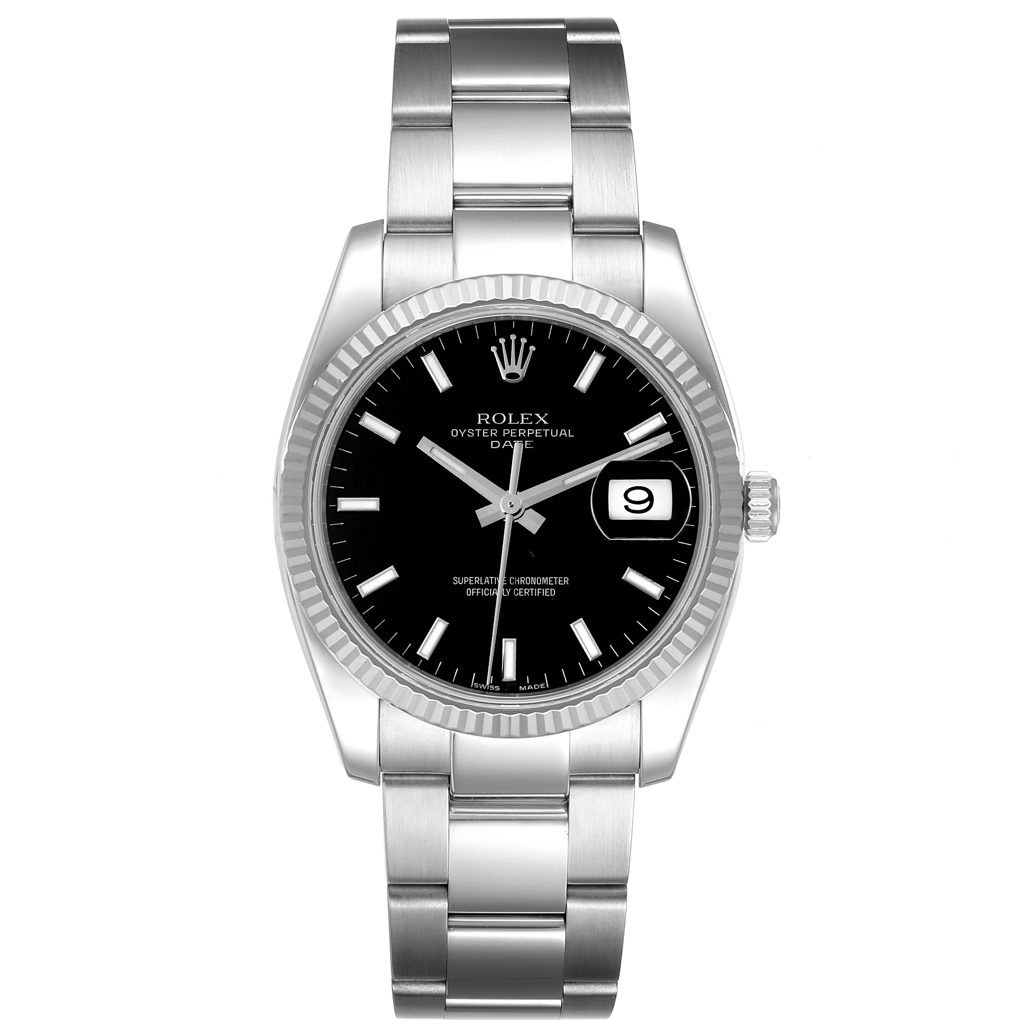 The image shows a frontal view of the Rolex Date 115234 Men's Stainless Steel Black Dial 115234 Men's Stainless Steel Black Dial model watch, highlighting its black dial, fluted bezel, and metal bracelet.