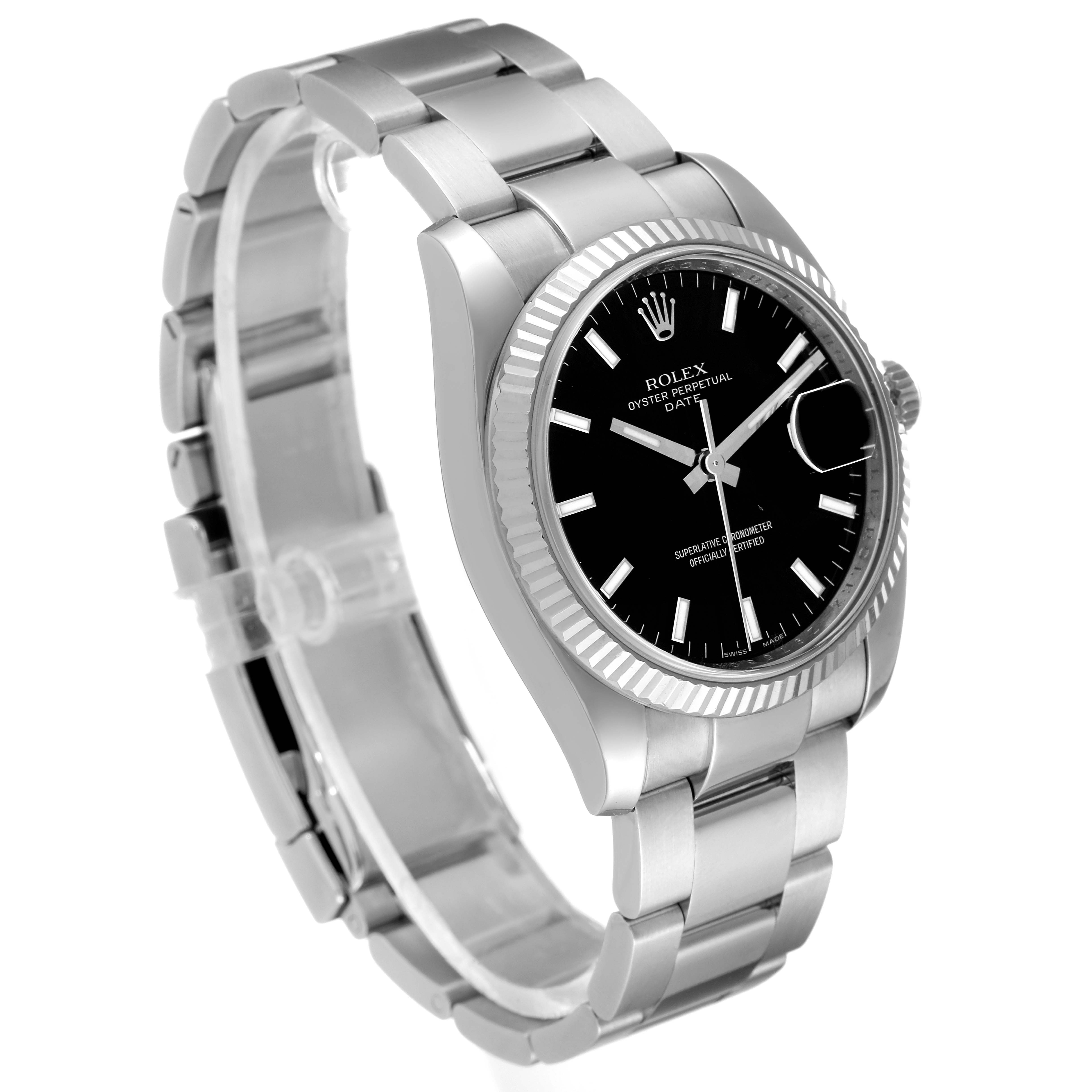The image shows a Rolex Date 115234 Men's Stainless Steel Black Dial 115234 Men's Stainless Steel Black Dial model watch at an angle highlighting its face, bezel, and bracelet.