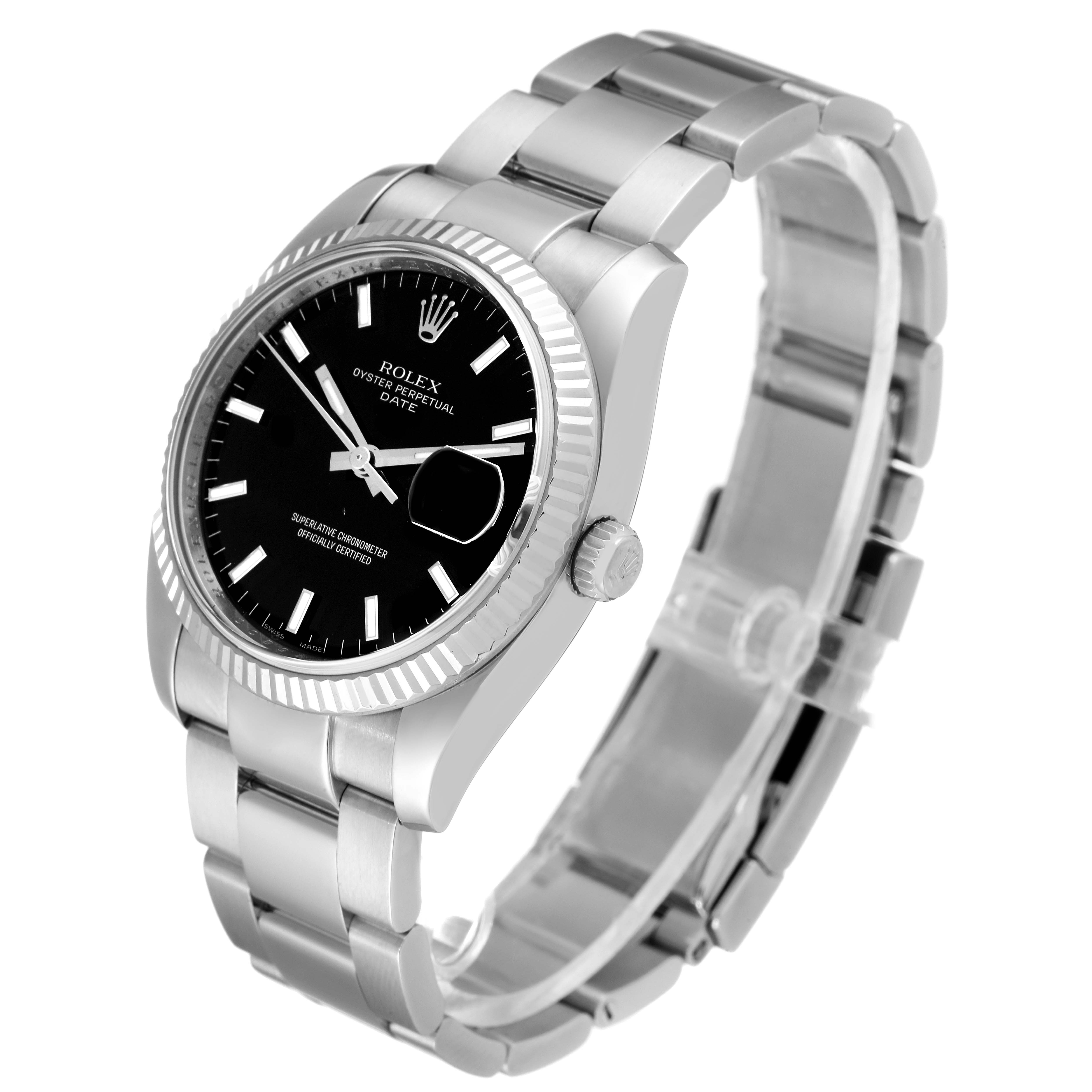 This image shows a Rolex Date 115234 Men's Stainless Steel Black Dial 115234 Men's Stainless Steel Black Dial model watch at a slight angle, highlighting its black dial, fluted bezel, and stainless steel bracelet.
