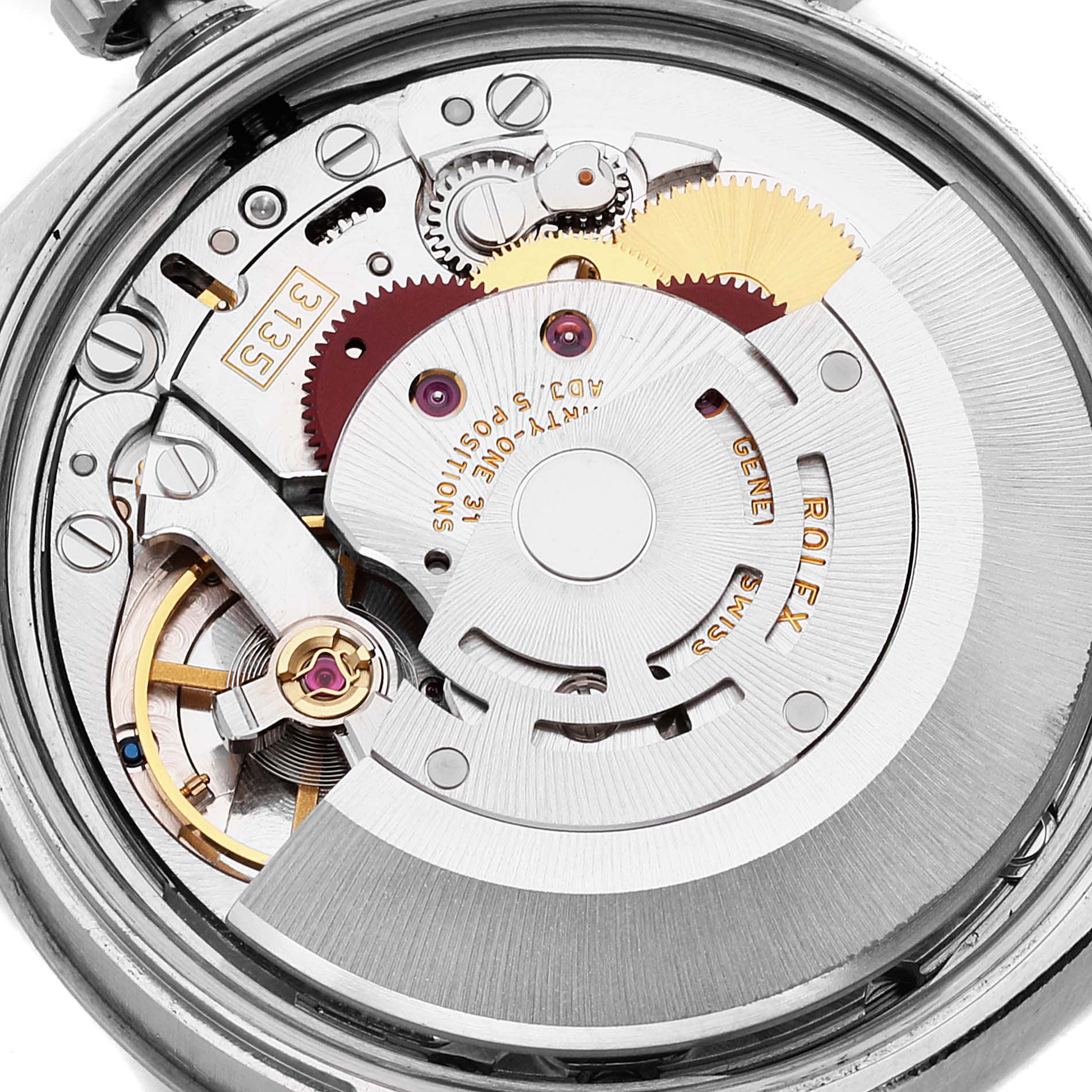 This image shows the internal mechanism of the Rolex Date 115234 Men's Stainless Steel Black Dial 115234 Men's Stainless Steel Black Dial model watch from a top-down angle.