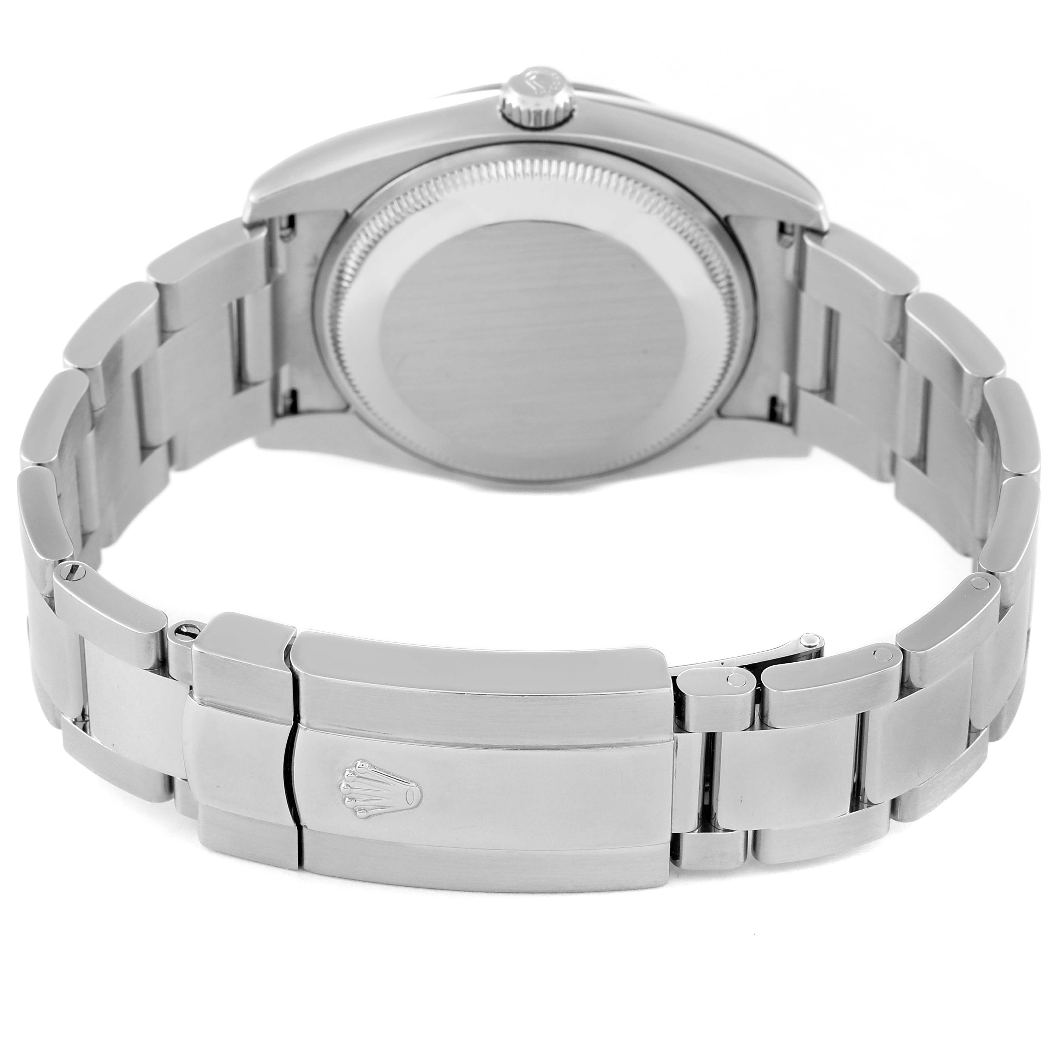 The image shows the back view of a Rolex Date 115234 Men's Stainless Steel Black Dial 115234 Men's Stainless Steel Black Dial model watch, highlighting its clasp, bracelet, and case back.