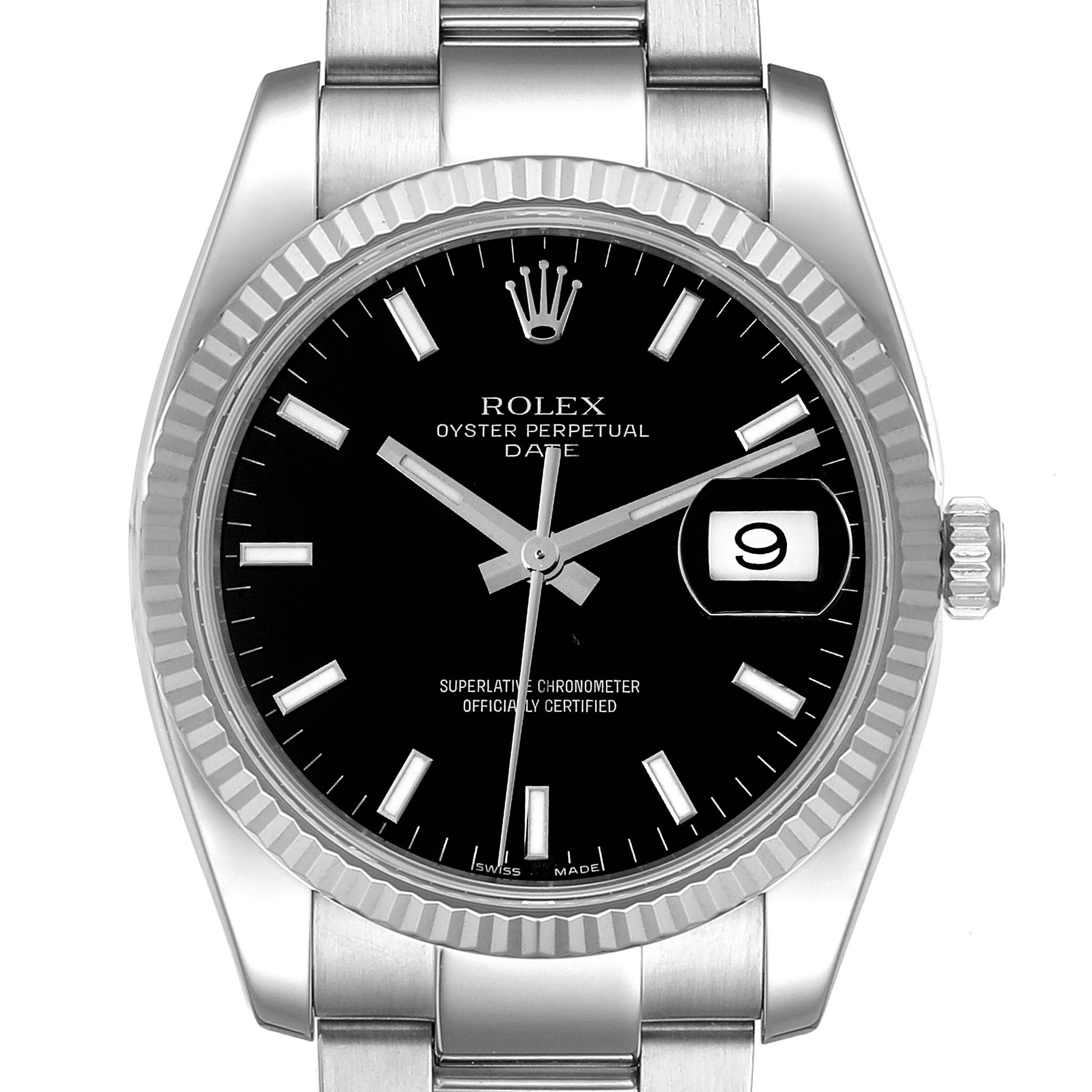 This image shows a front view of a Rolex Date 115234 Men's Stainless Steel Black Dial 115234 Men's Stainless Steel Black Dial model watch featuring a black dial, metal bracelet, and date window.