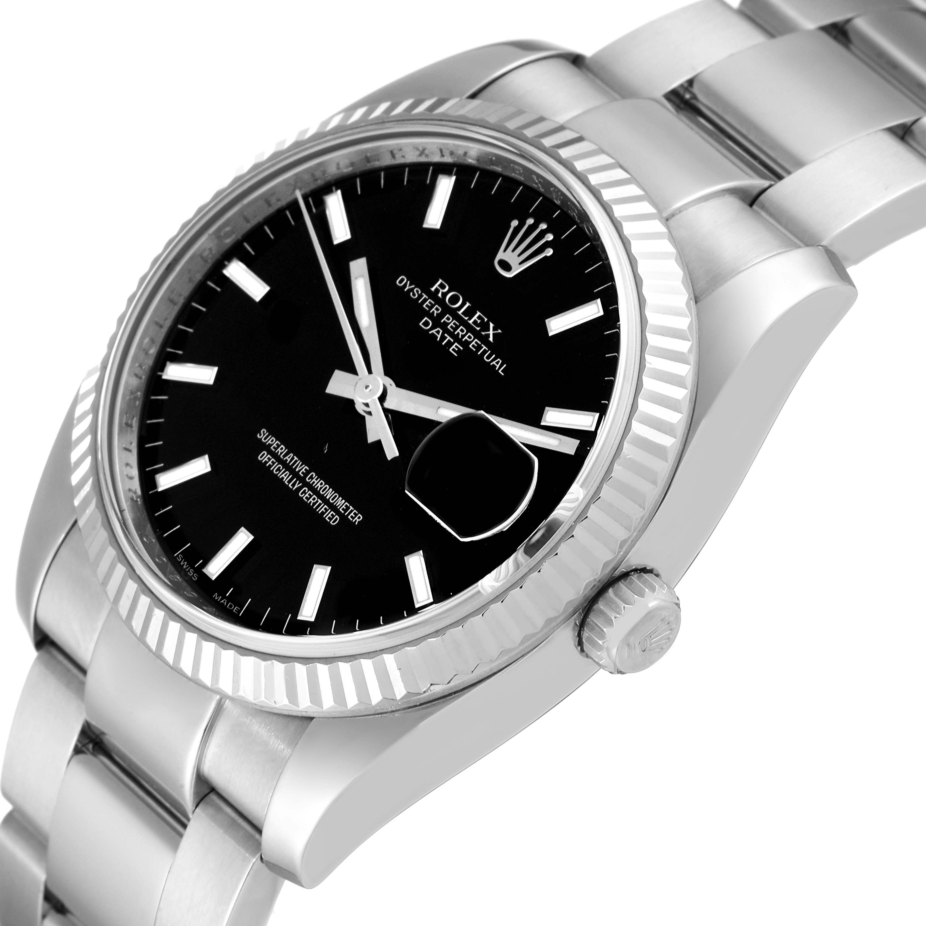 This image shows a side angle of a Rolex Date 115234 Men's Stainless Steel Black Dial 115234 Men's Stainless Steel Black Dial model, highlighting its black dial, fluted bezel, and bracelet.