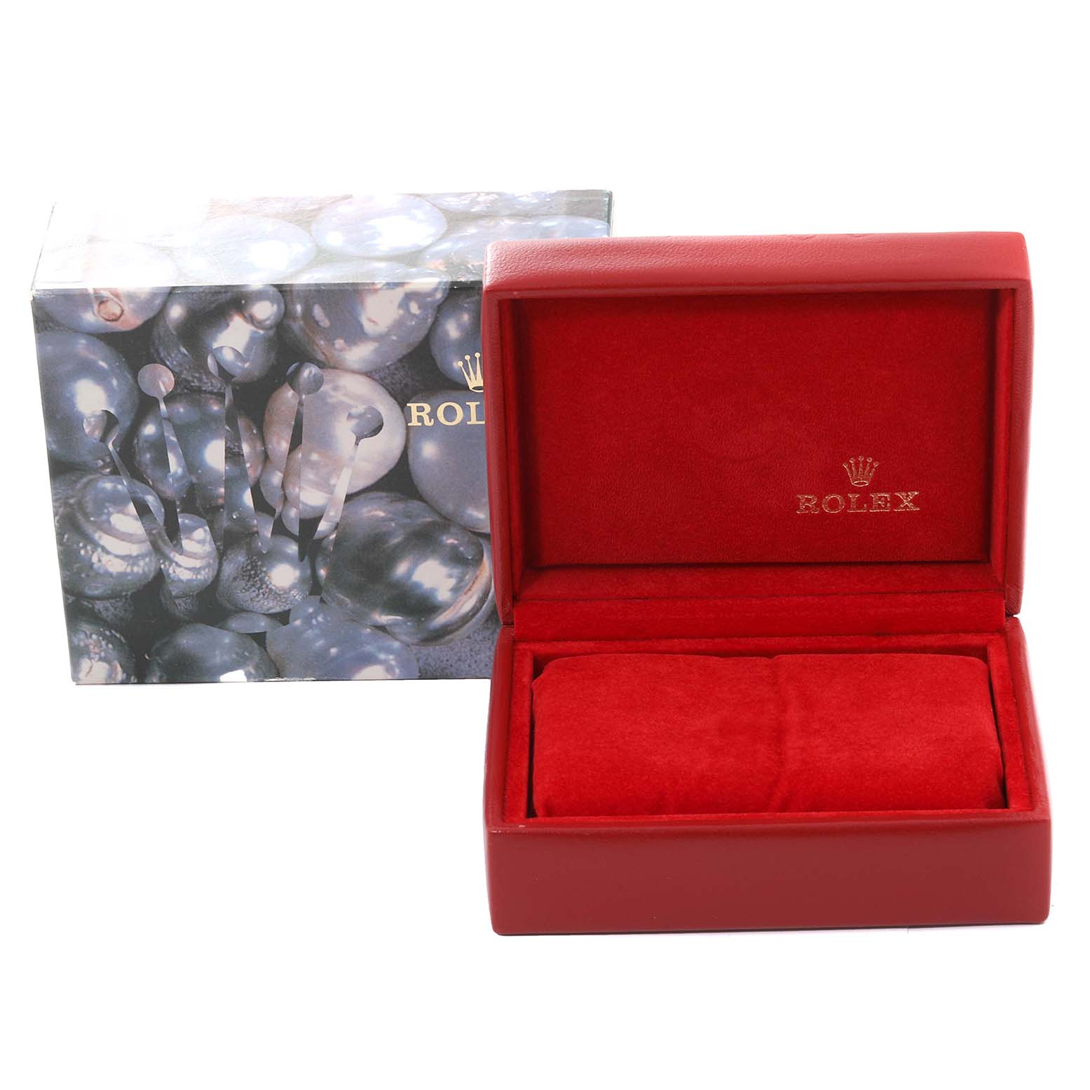 The image shows the red packaging box of a Rolex Datejust 79174 Women
s Stainless Steel Silver Dial 79174 Women
s Stainless Steel Silver Dial watch, with the lid open and the outer protective case beside it.