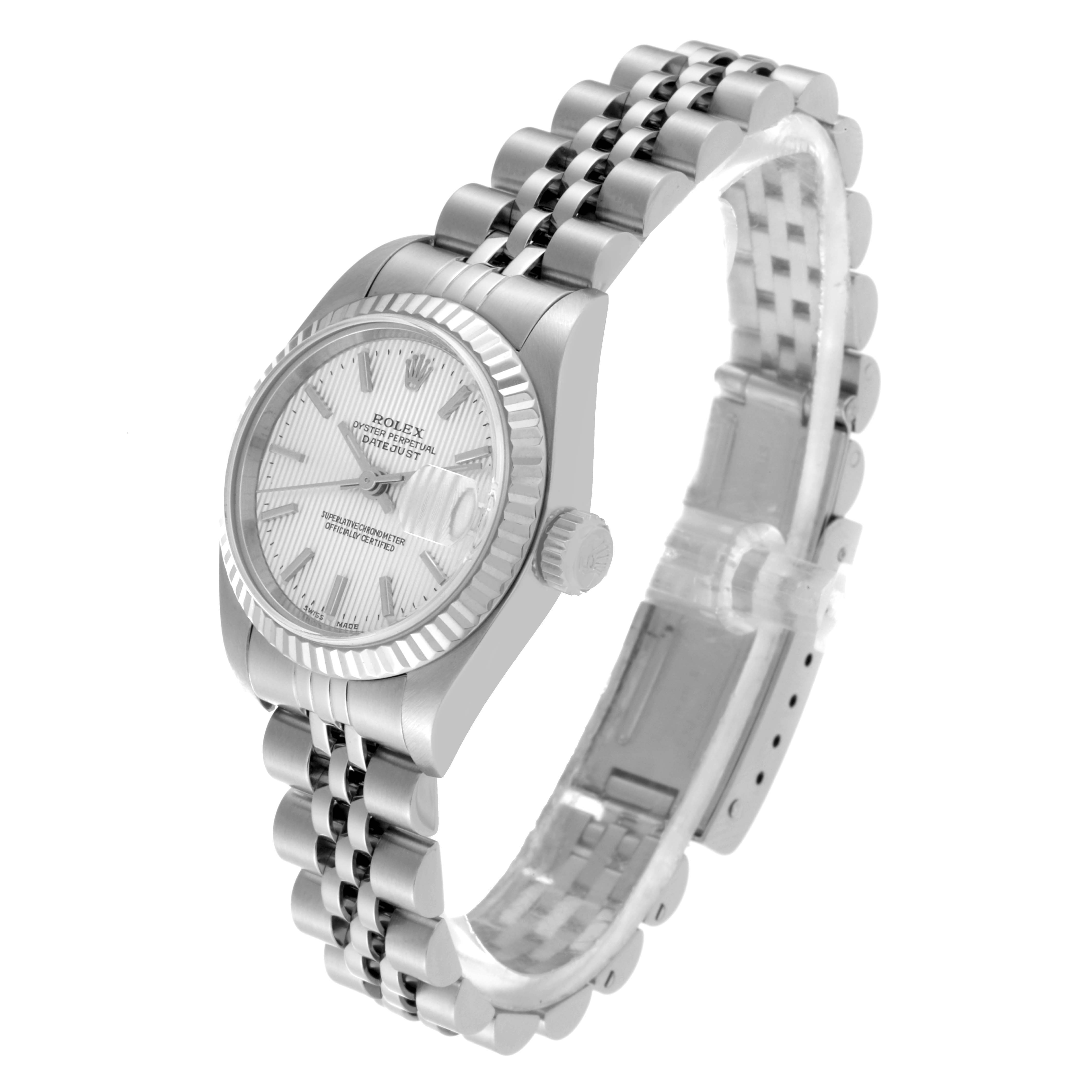 The image shows a Rolex Datejust 79174 Women
s Stainless Steel Silver Dial 79174 Women
s Stainless Steel Silver Dial watch at a three-quarter angle, highlighting the bracelet, bezel, crown, and dial.