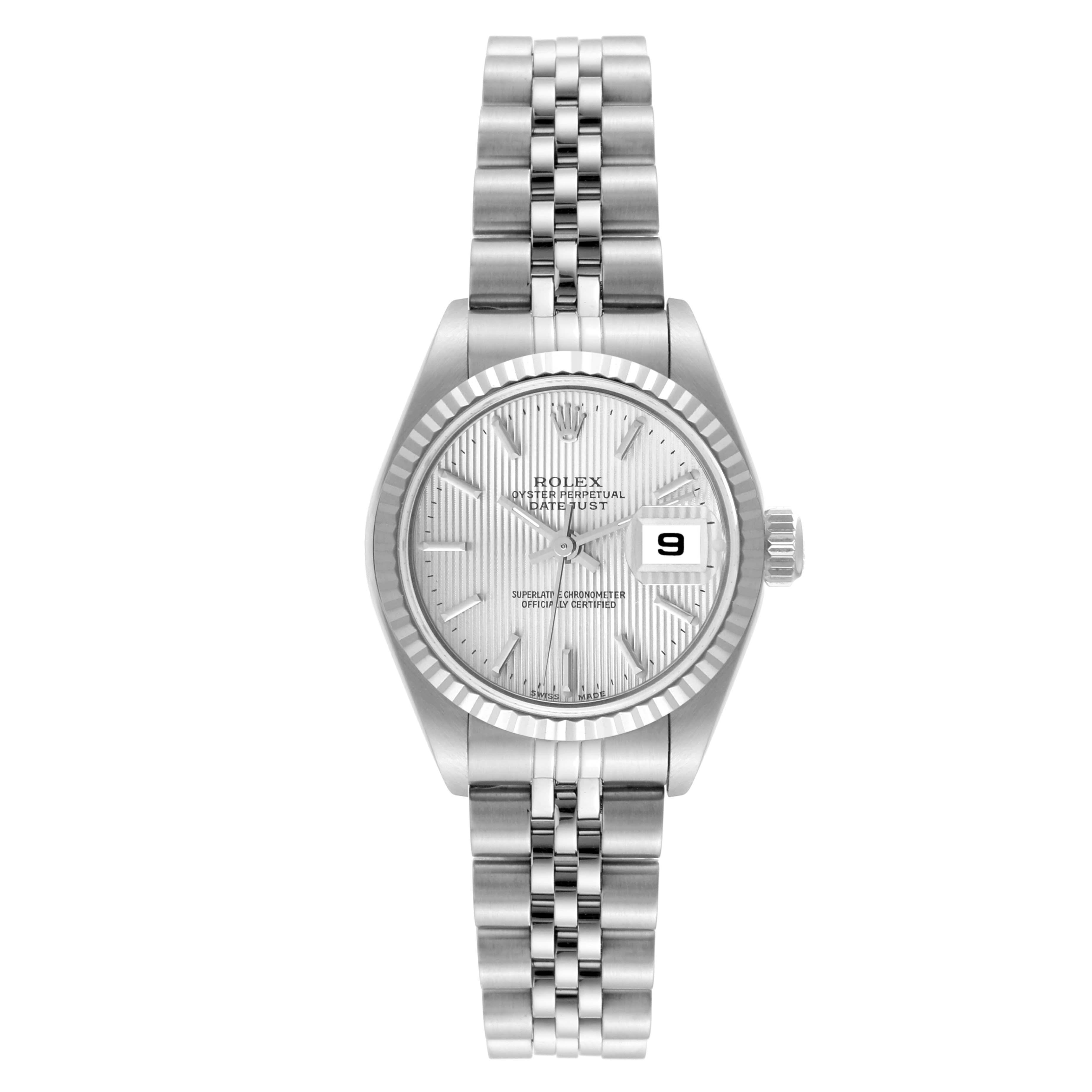This image shows a front view of a Rolex Datejust 79174 Women
s Stainless Steel Silver Dial 79174 Women
s Stainless Steel Silver Dial watch, including the dial, bezel, and bracelet.