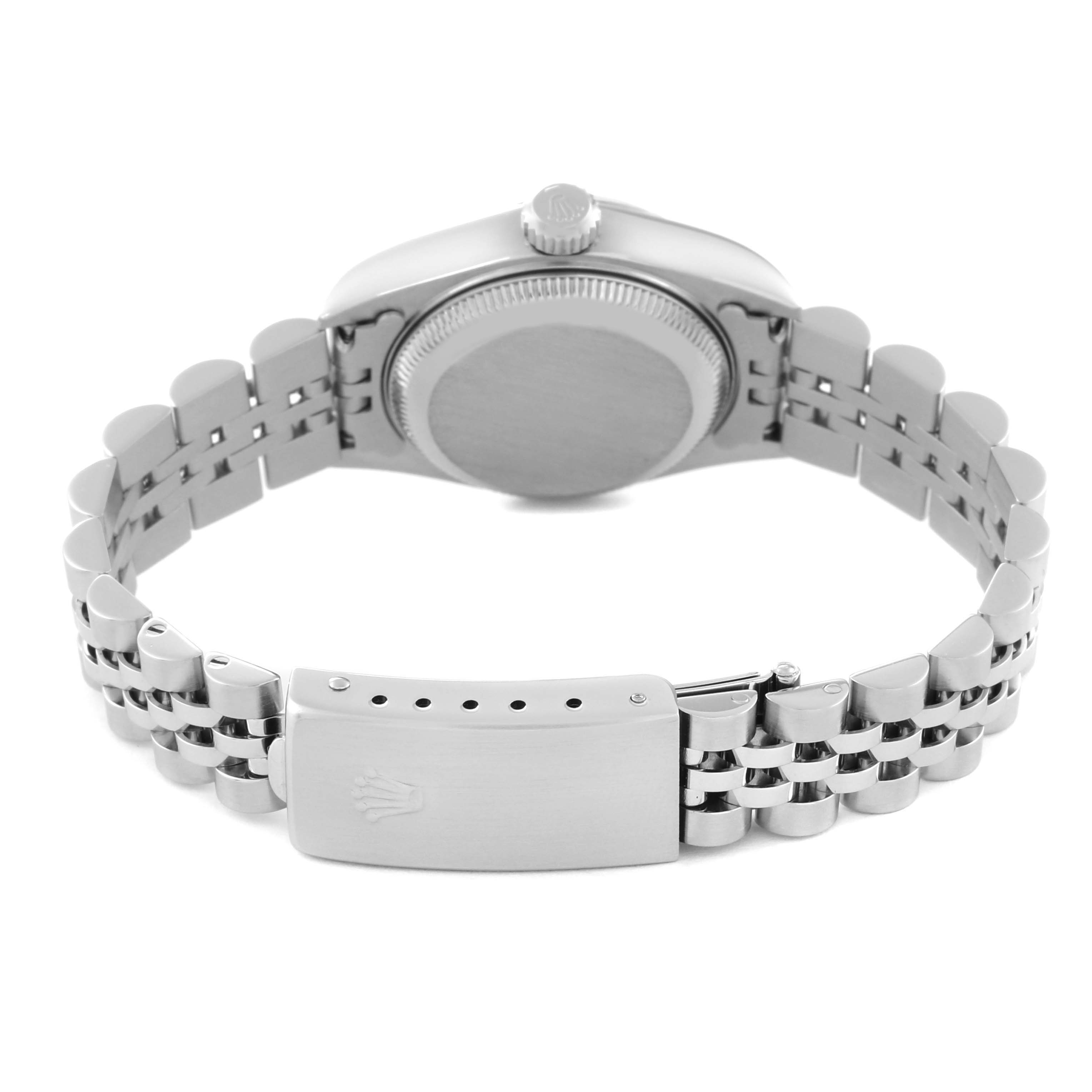 The image shows the back of a Rolex Datejust 79174 Women
s Stainless Steel Silver Dial 79174 Women
s Stainless Steel Silver Dial watch, highlighting the case back, crown, and the bracelet with the clasp.