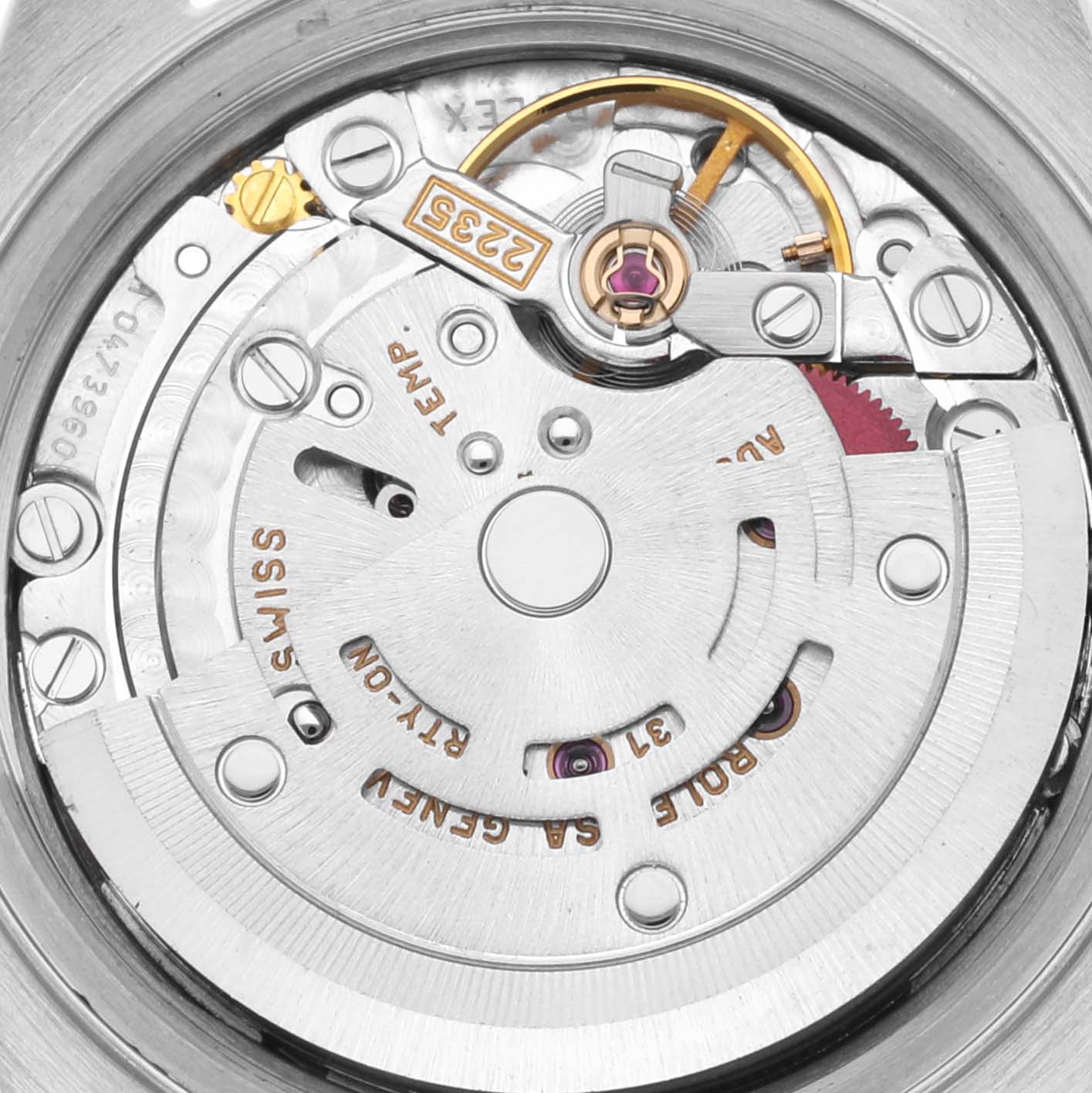 The image shows a close-up view of the movement mechanism of a Rolex Datejust 79174 Women
s Stainless Steel Silver Dial 79174 Women
s Stainless Steel Silver Dial watch.