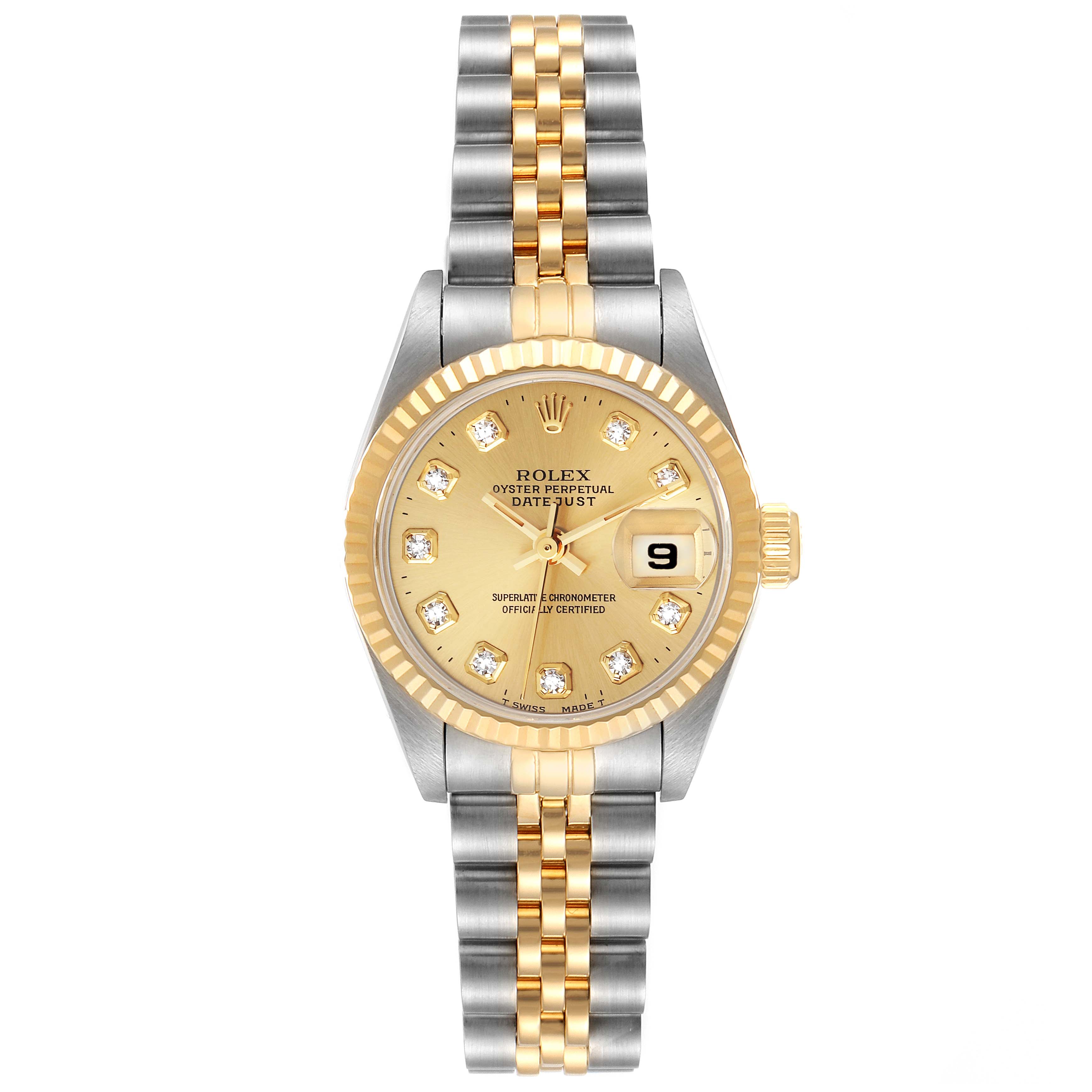 This Rolex Datejust 69173 Women
s Steel and Gold (two tone) Champagne Dial 69173 Women
s Steel and Gold (two tone) Champagne Dial watch is shown from a top-down angle, displaying the dial, bezel, and Jubilee bracelet.