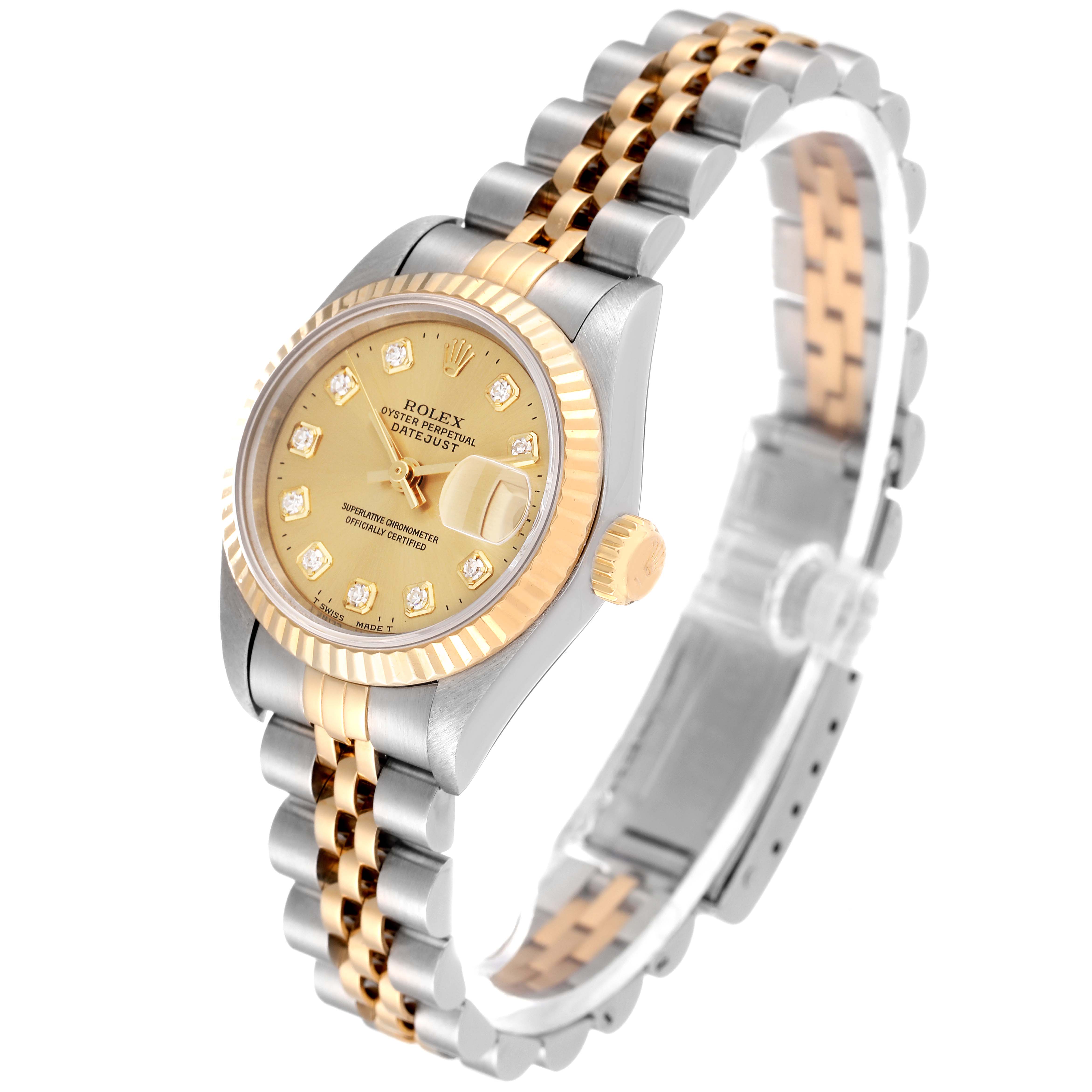The Rolex Datejust 69173 Women
s Steel and Gold (two tone) Champagne Dial 69173 Women
s Steel and Gold (two tone) Champagne Dial watch is shown at an angled side view, highlighting the gold and silver bracelet, bezel, and face.