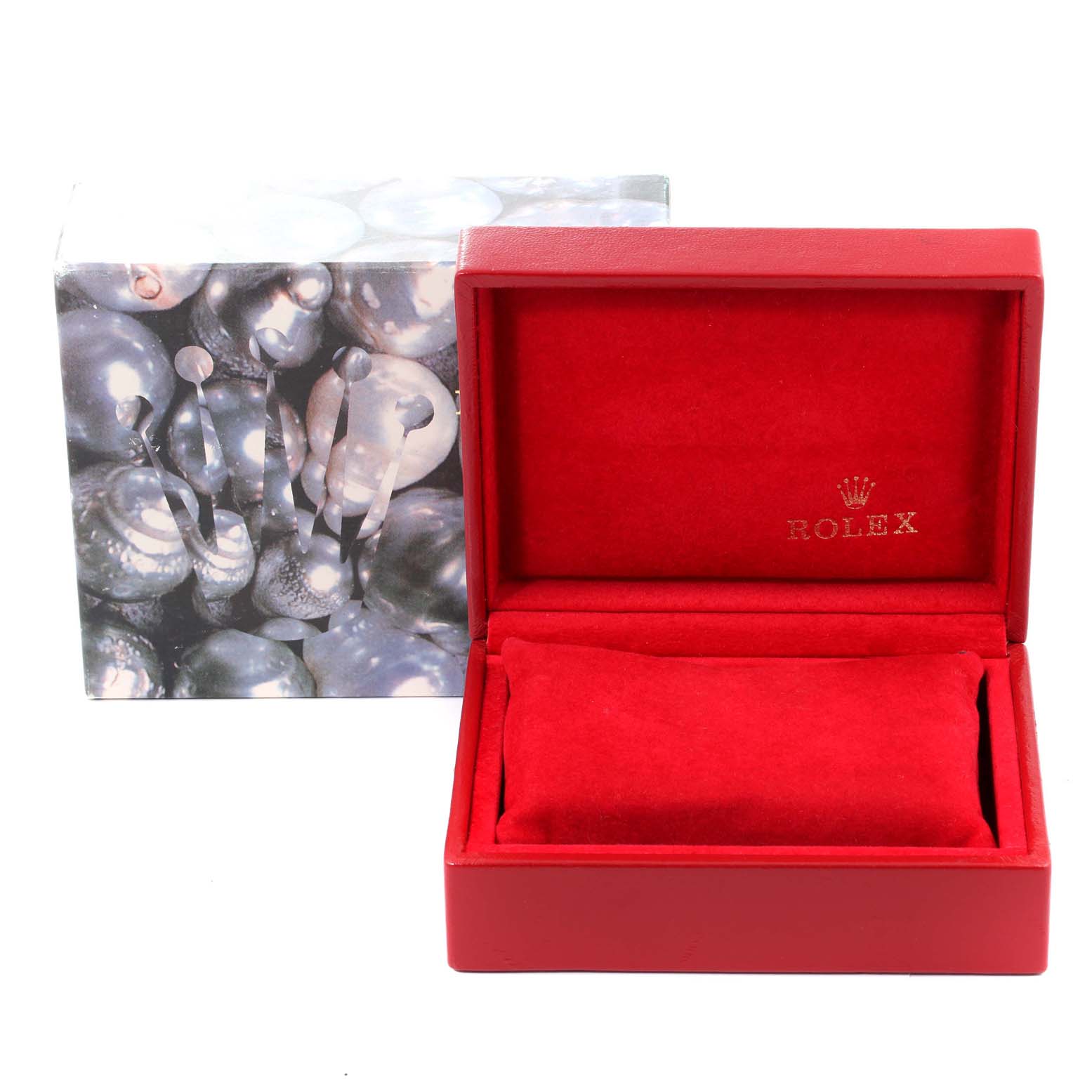 This image shows a red Rolex Datejust 69173 Women
s Steel and Gold (two tone) Champagne Dial 69173 Women
s Steel and Gold (two tone) Champagne Dial watch box with the logo inside and an outer decorative sleeve with a pearlescent design.