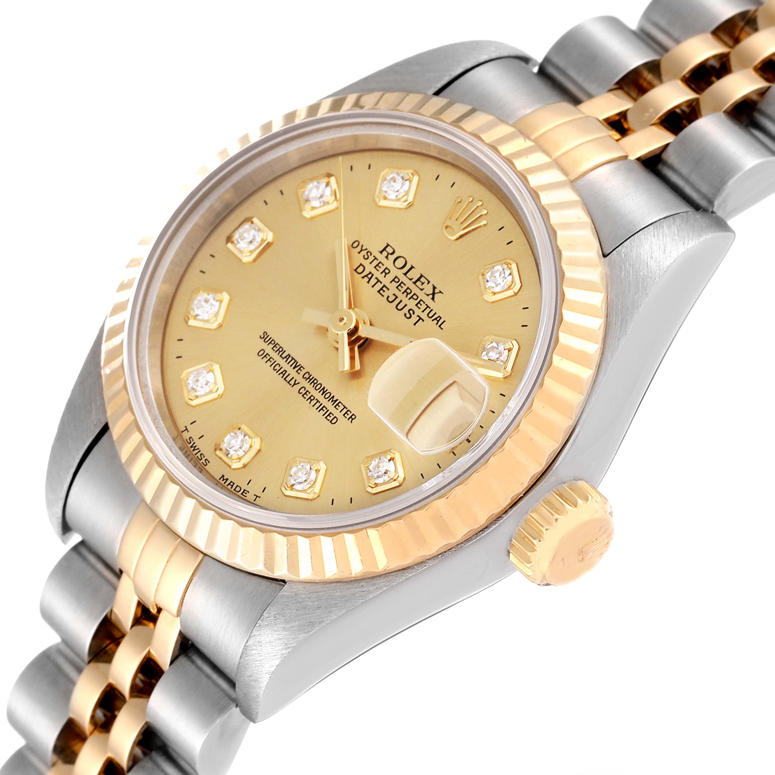 The Rolex Datejust 69173 Women
s Steel and Gold (two tone) Champagne Dial 69173 Women
s Steel and Gold (two tone) Champagne Dial watch is shown at a slight angle, highlighting the dial, bezel, crown, and part of the bracelet.