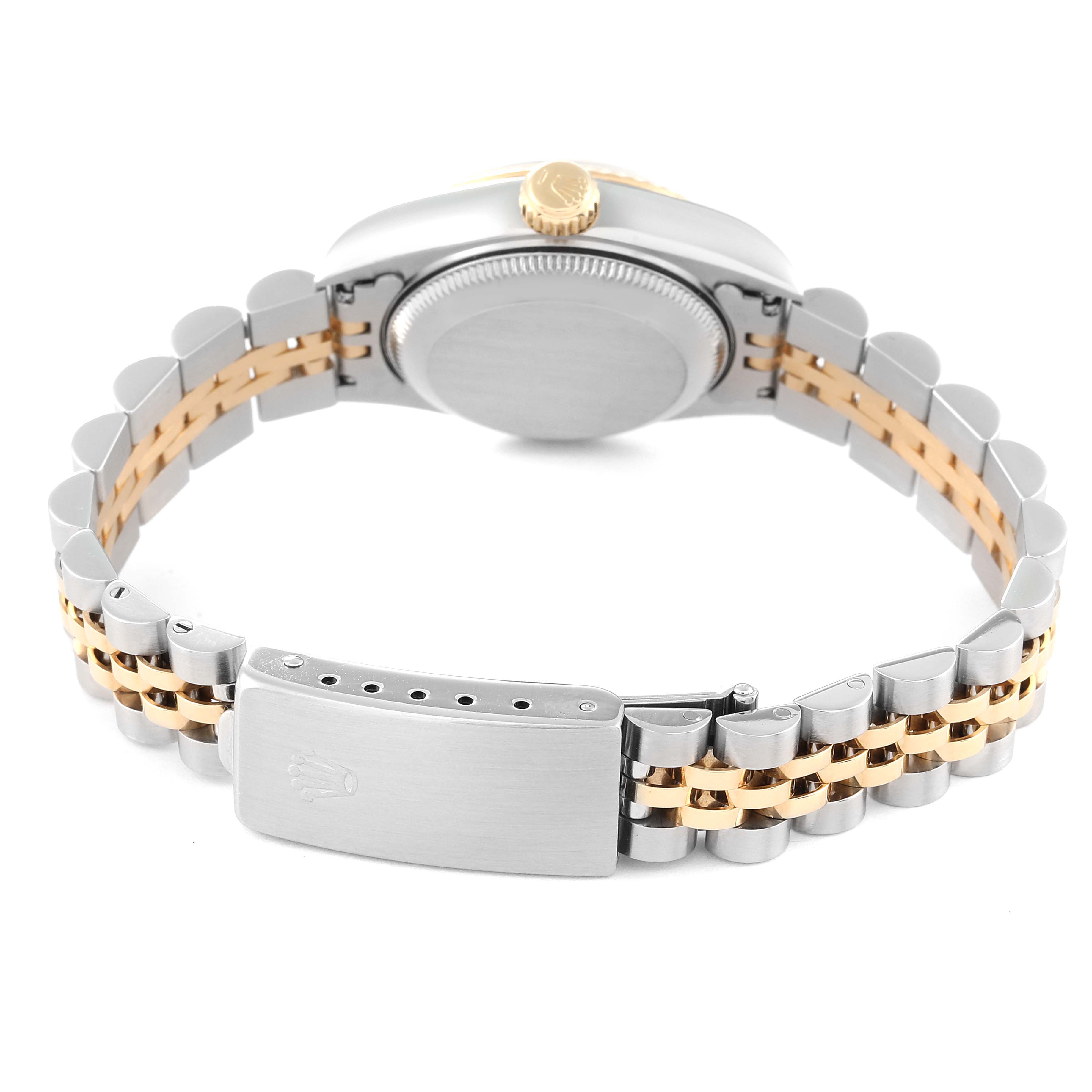 The image shows the back view of a Rolex Datejust 69173 Women
s Steel and Gold (two tone) Champagne Dial 69173 Women
s Steel and Gold (two tone) Champagne Dial watch, highlighting the case back, crown, and two-tone bracelet clasp.