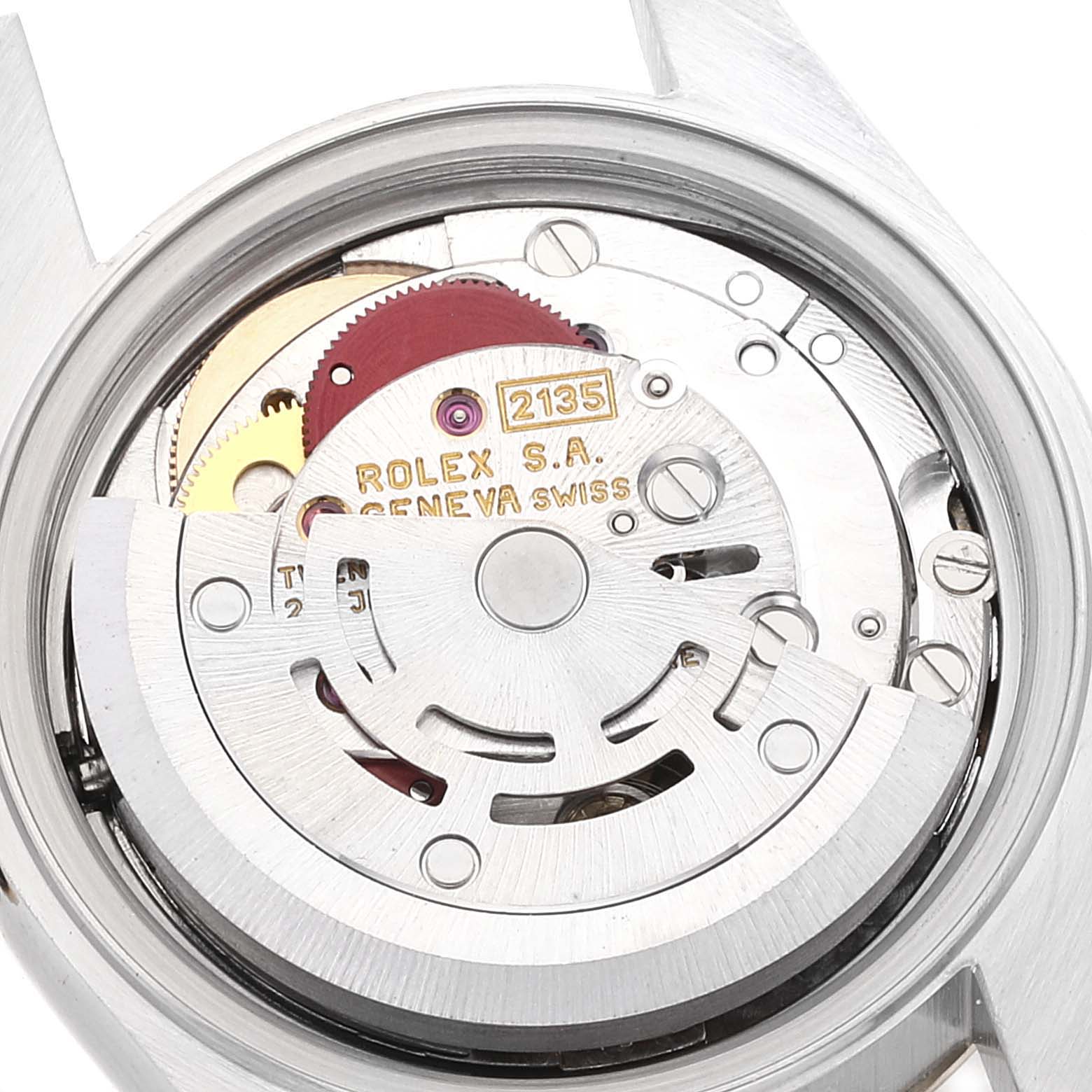 This image shows the internal mechanism and movement of a Rolex Datejust 69173 Women
s Steel and Gold (two tone) Champagne Dial 69173 Women
s Steel and Gold (two tone) Champagne Dial watch from the back angle.