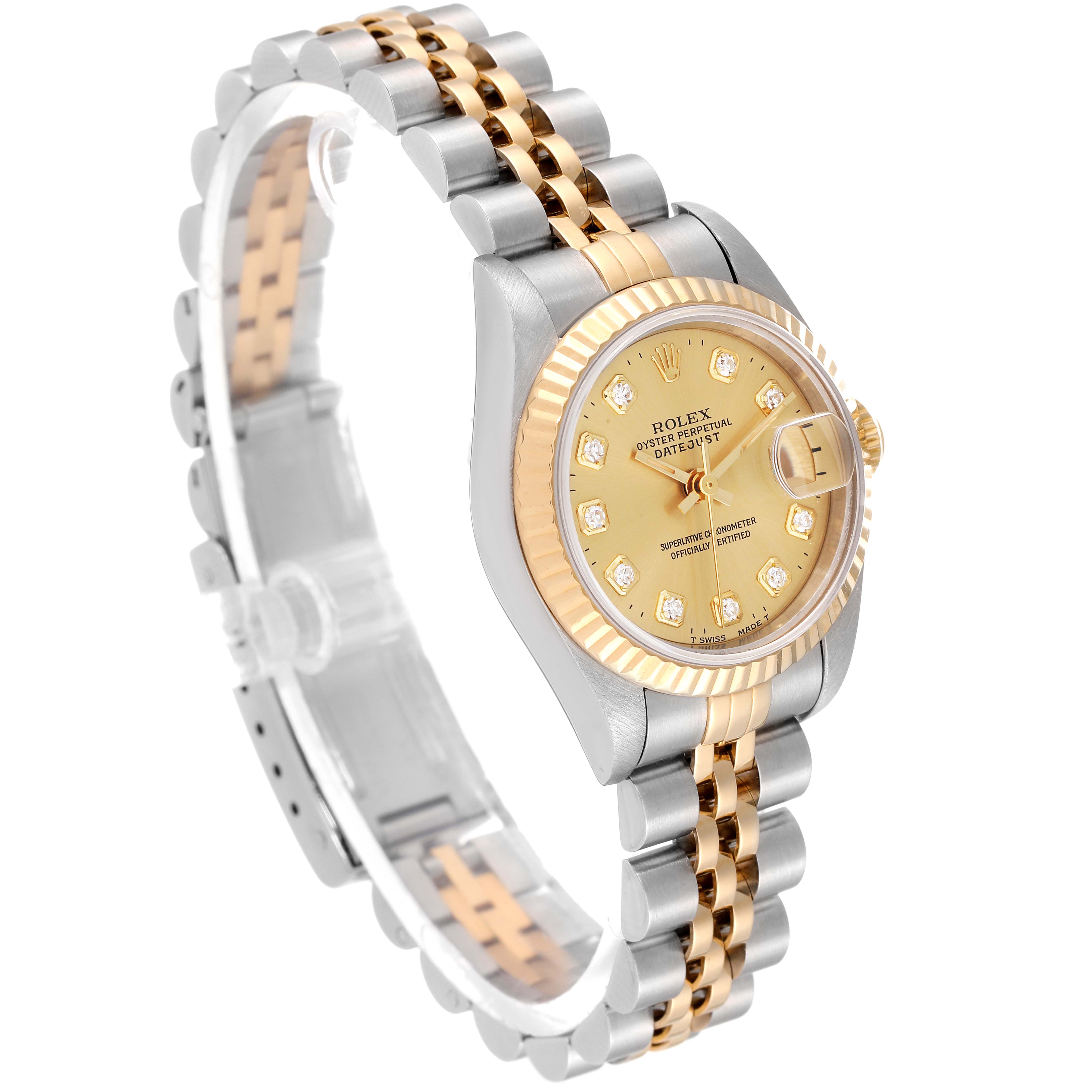 This image showcases a Rolex Datejust 69173 Women
s Steel and Gold (two tone) Champagne Dial 69173 Women
s Steel and Gold (two tone) Champagne Dial watch at a three-quarter angle, highlighting its dial, bezel, and two-tone bracelet.