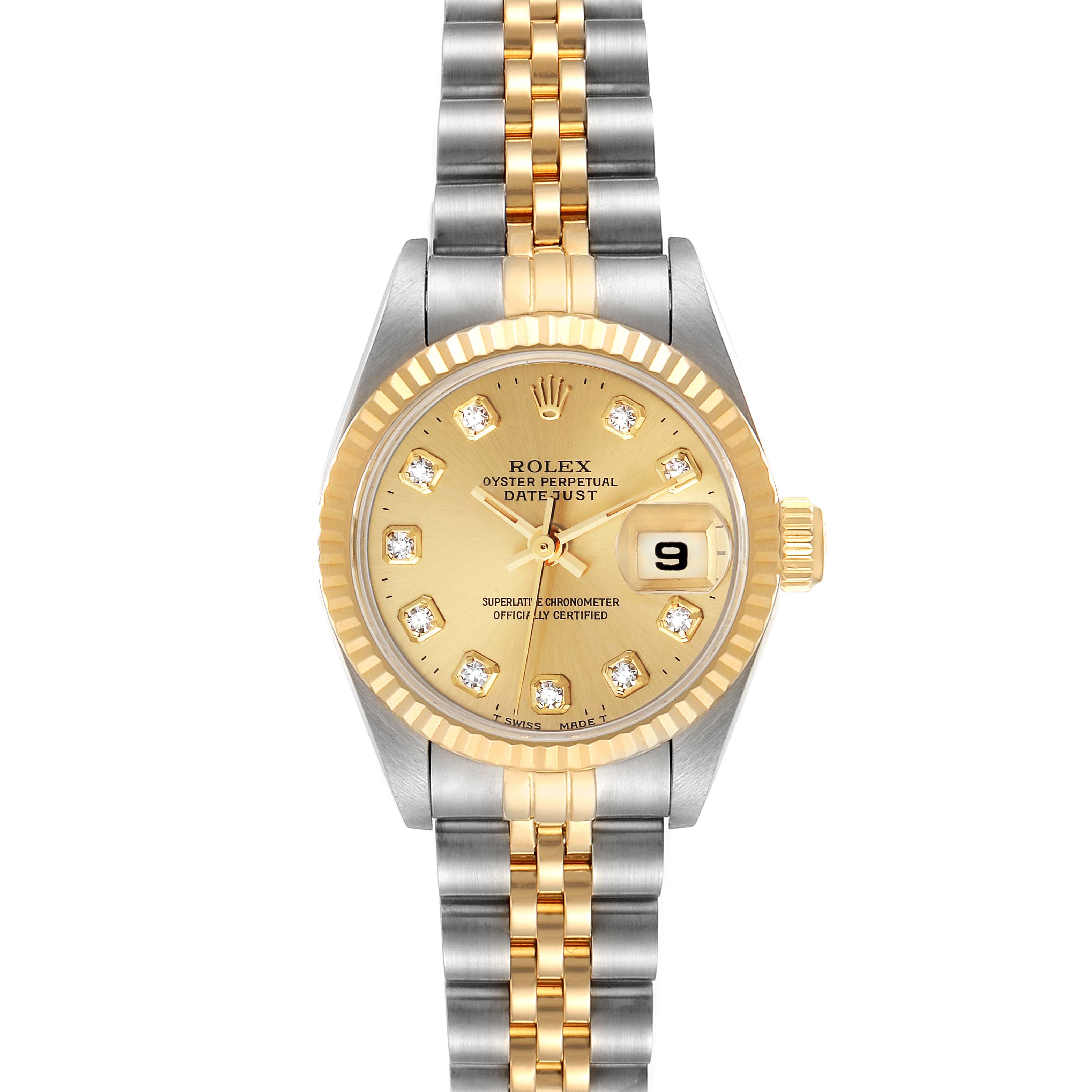 The image shows a frontal view of a Rolex Datejust 69173 Women
s Steel and Gold (two tone) Champagne Dial 69173 Women
s Steel and Gold (two tone) Champagne Dial watch, featuring a two-tone band, gold dial, and date function.