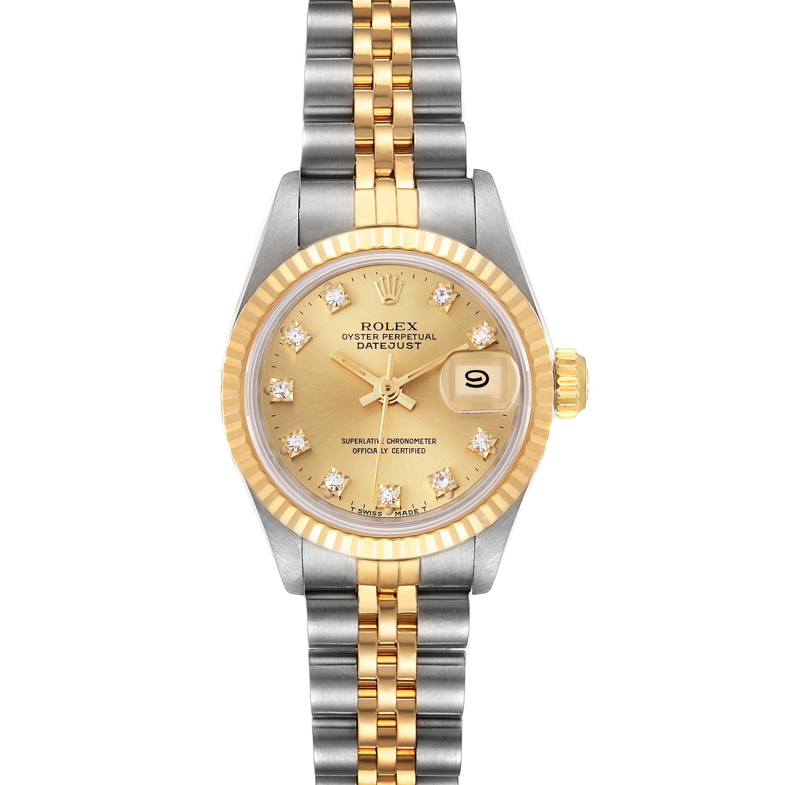 The image shows a front view of the Rolex Datejust 69173 Women
s Steel and Gold (two tone) Champagne Dial 69173 Women
s Steel and Gold (two tone) Champagne Dial watch, focusing on its dial, bezel, and bracelet.