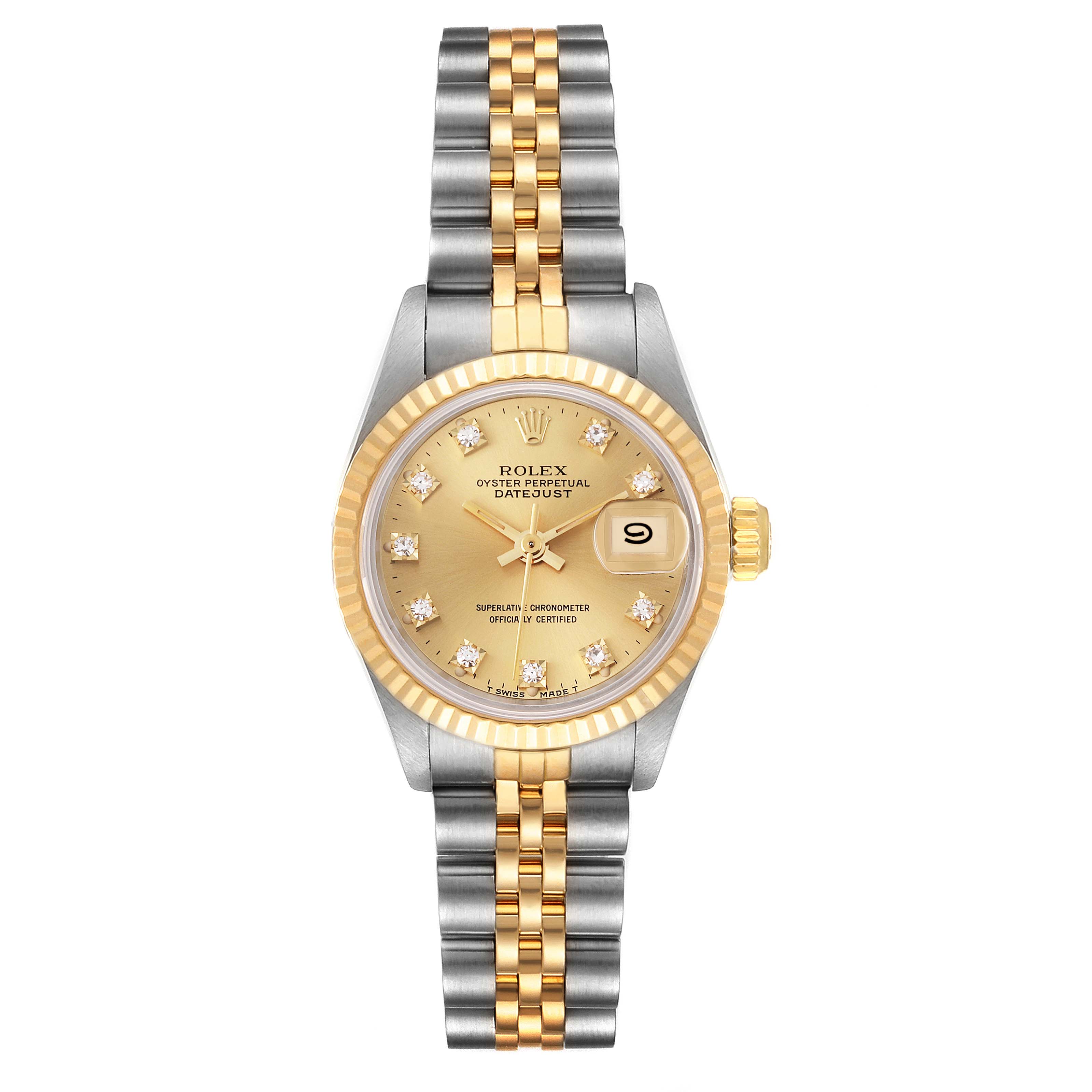 This is a Rolex Datejust 69173 Women
s Steel and Gold (two tone) Champagne Dial 69173 Women
s Steel and Gold (two tone) Champagne Dial watch shown from the front, displaying the dial, bezel, and bracelet.
