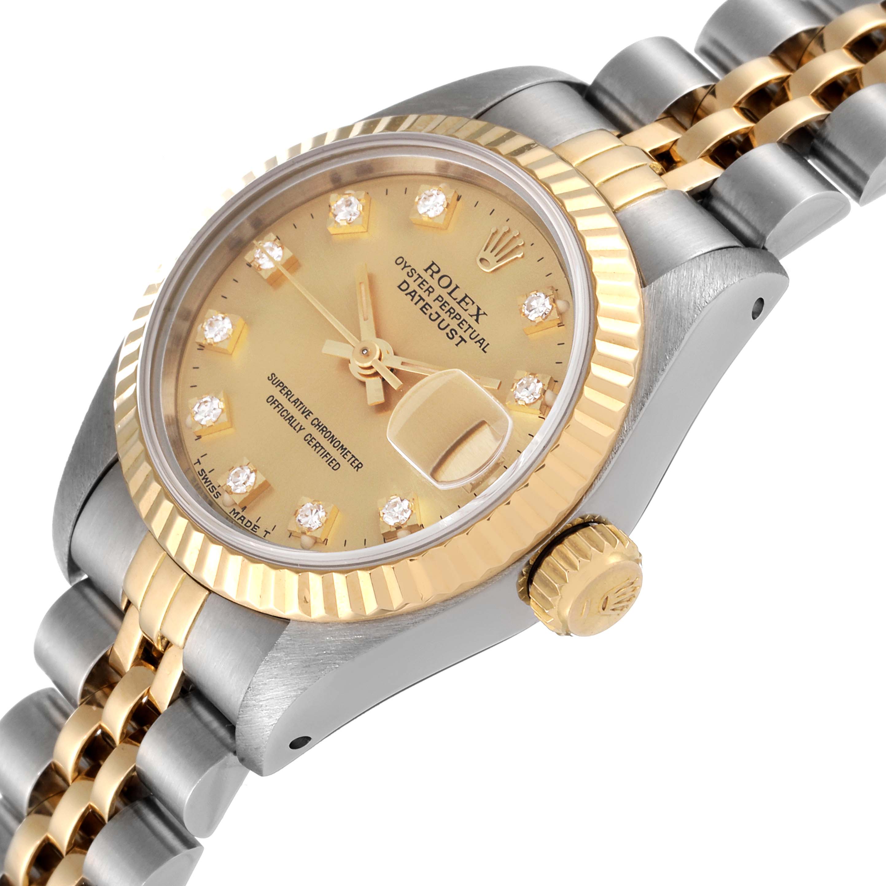 A Rolex Datejust 69173 Women
s Steel and Gold (two tone) Champagne Dial 69173 Women
s Steel and Gold (two tone) Champagne Dial watch is shown at an angle highlighting the dial, fluted bezel, two-tone bracelet, and crown.