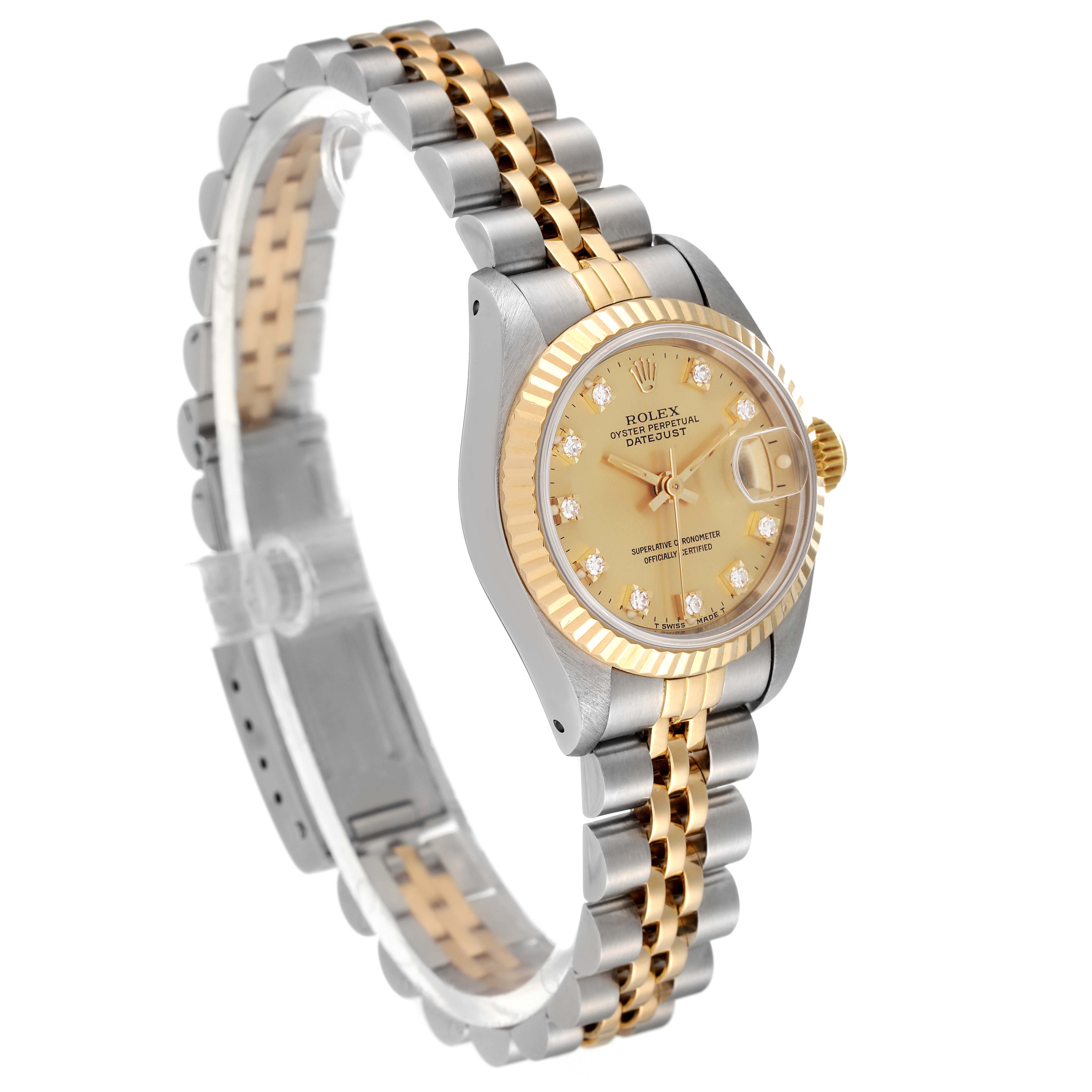 The image shows a Rolex Datejust 69173 Women
s Steel and Gold (two tone) Champagne Dial 69173 Women
s Steel and Gold (two tone) Champagne Dial model watch at a three-quarter angle, highlighting its gold dial, bezel, and two-tone bracelet.