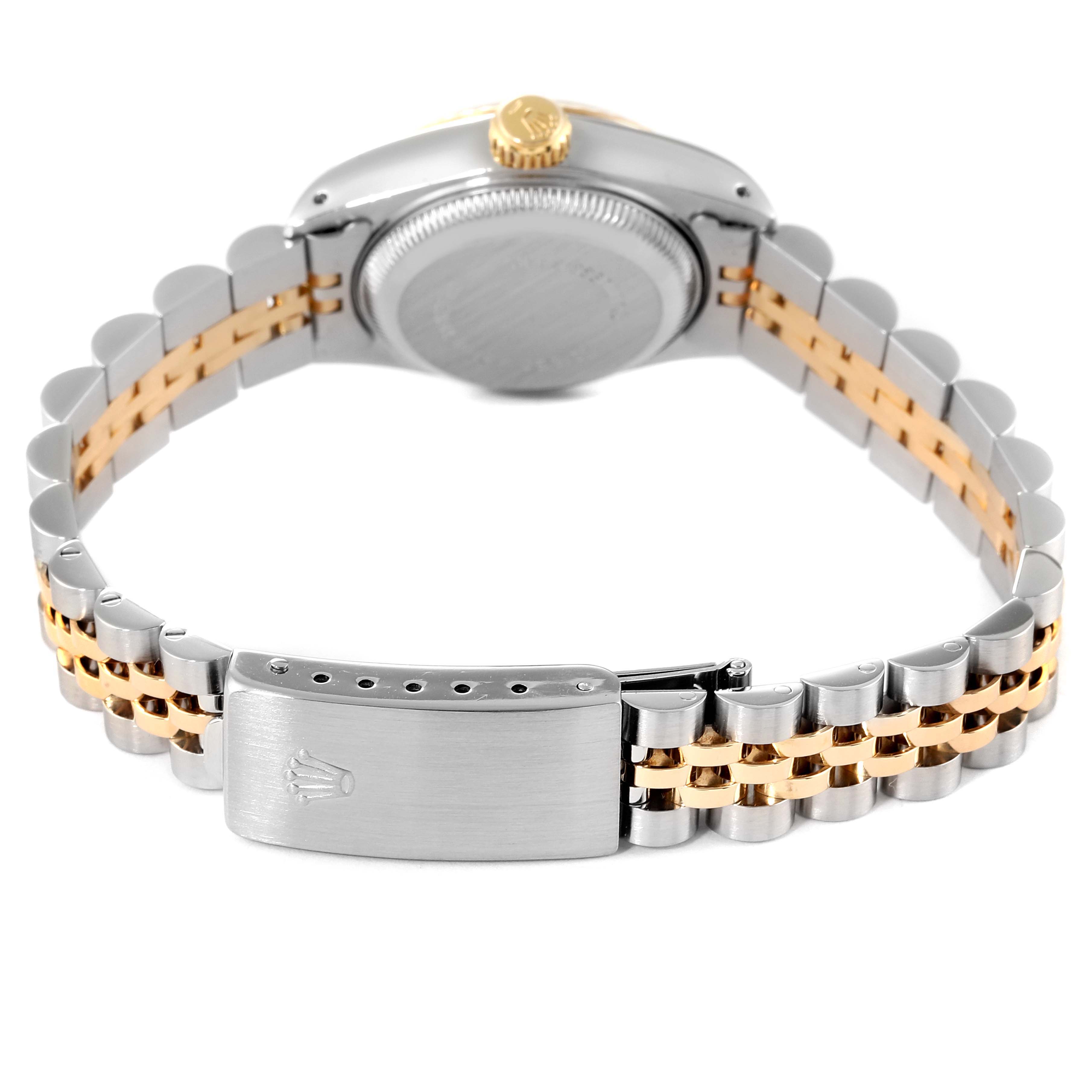The image shows the back case and Jubilee bracelet of a Rolex Datejust 69173 Women
s Steel and Gold (two tone) Champagne Dial 69173 Women
s Steel and Gold (two tone) Champagne Dial watch, highlighting its two-tone metal finish.
