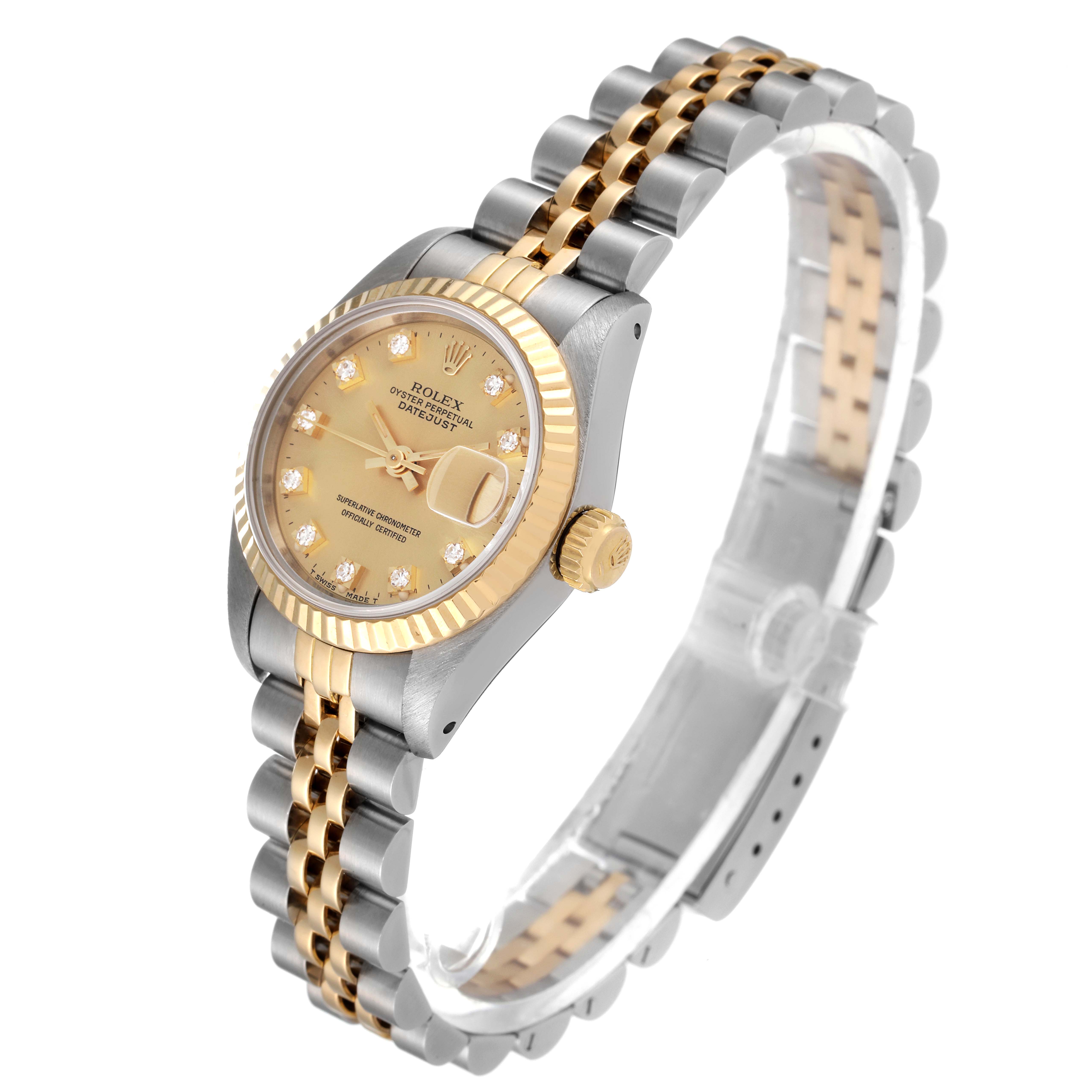 This image shows a Rolex Datejust 69173 Women
s Steel and Gold (two tone) Champagne Dial 69173 Women
s Steel and Gold (two tone) Champagne Dial model watch at a diagonal angle, displaying the face, crown, and Jubilee bracelet.